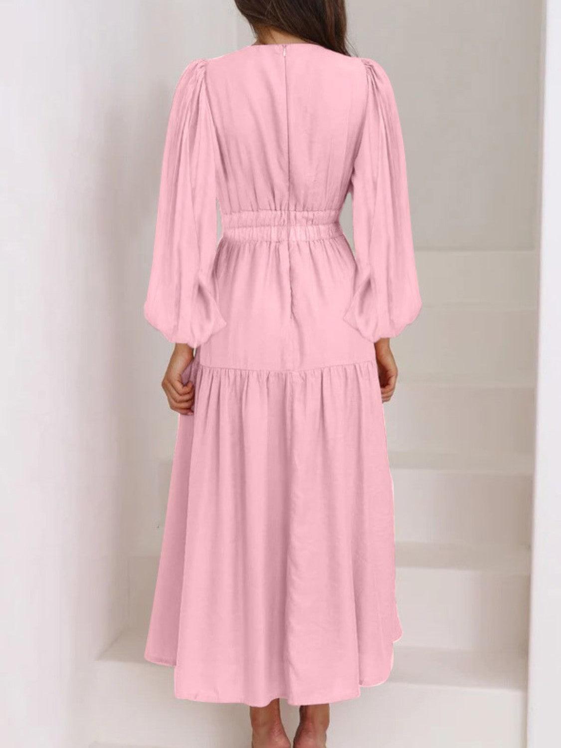 Deep V-Neck Balloon Sleeve Plain Maxi Dress - ClubOn
