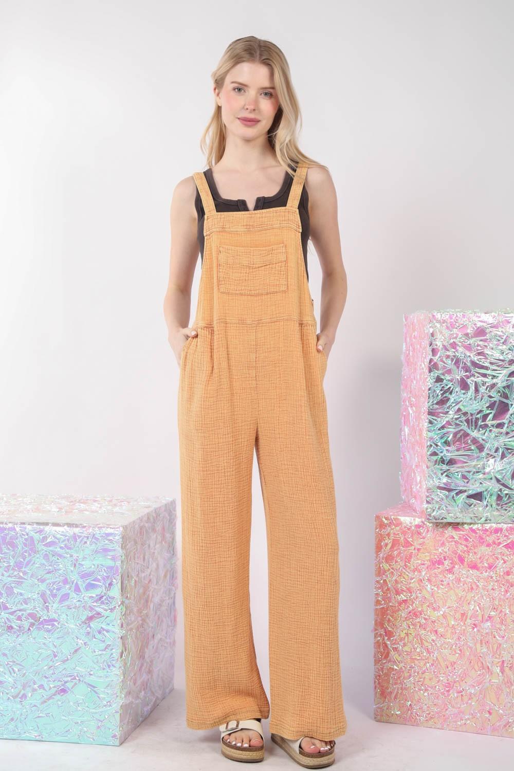 VERY J Texture Washed Wide Leg Overalls - ClubOn