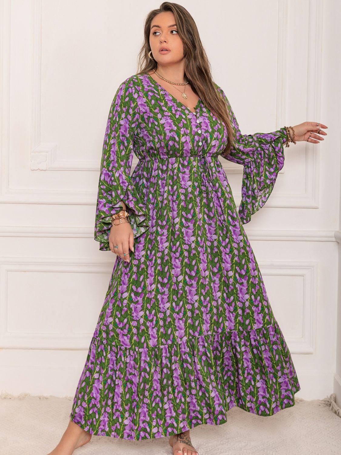 Plus Size Printed V-Neck Long Sleeve Maxi Dress - ClubOn