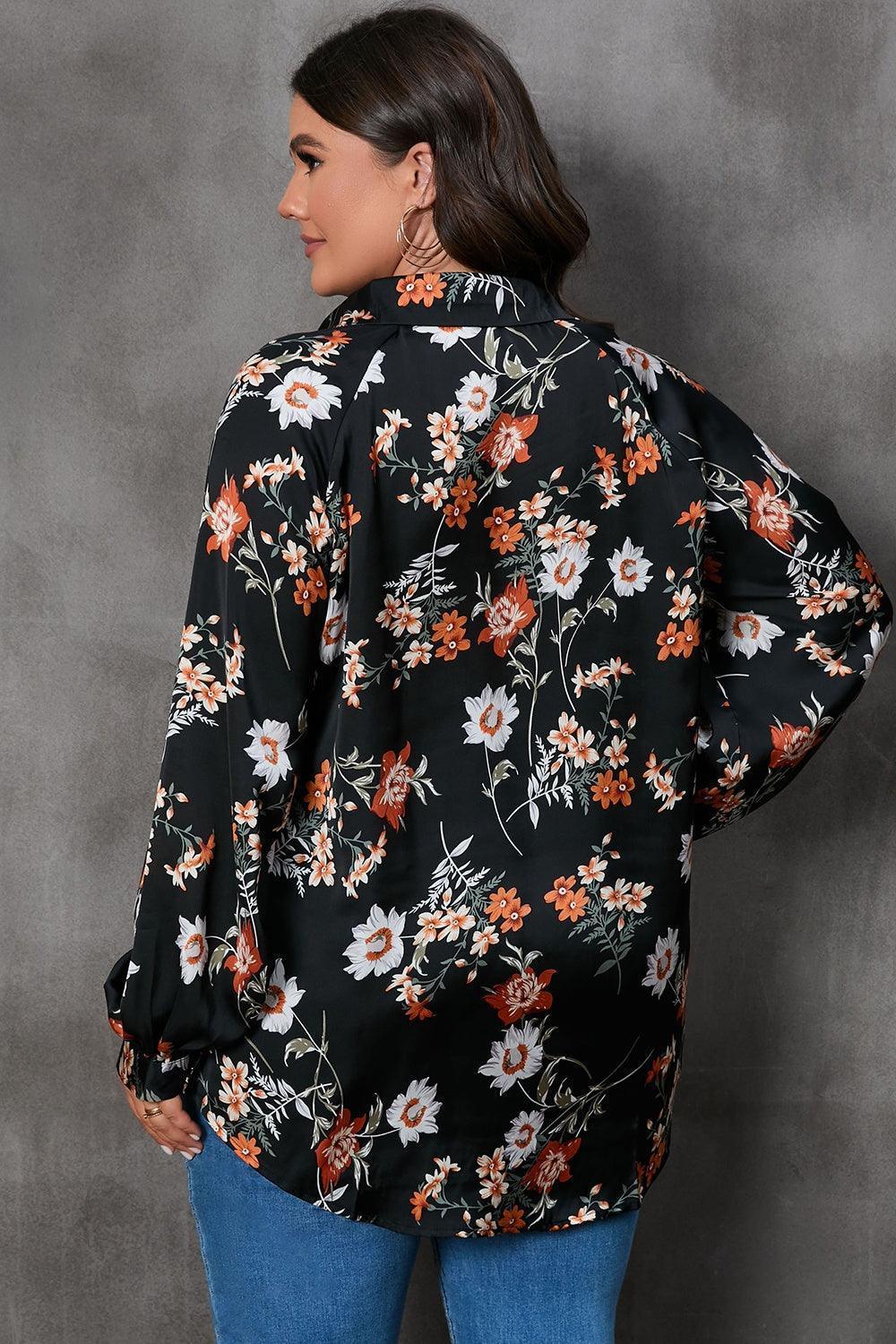 Plus Size Printed Johnny Collar Long Sleeve Blouse - ClubOn