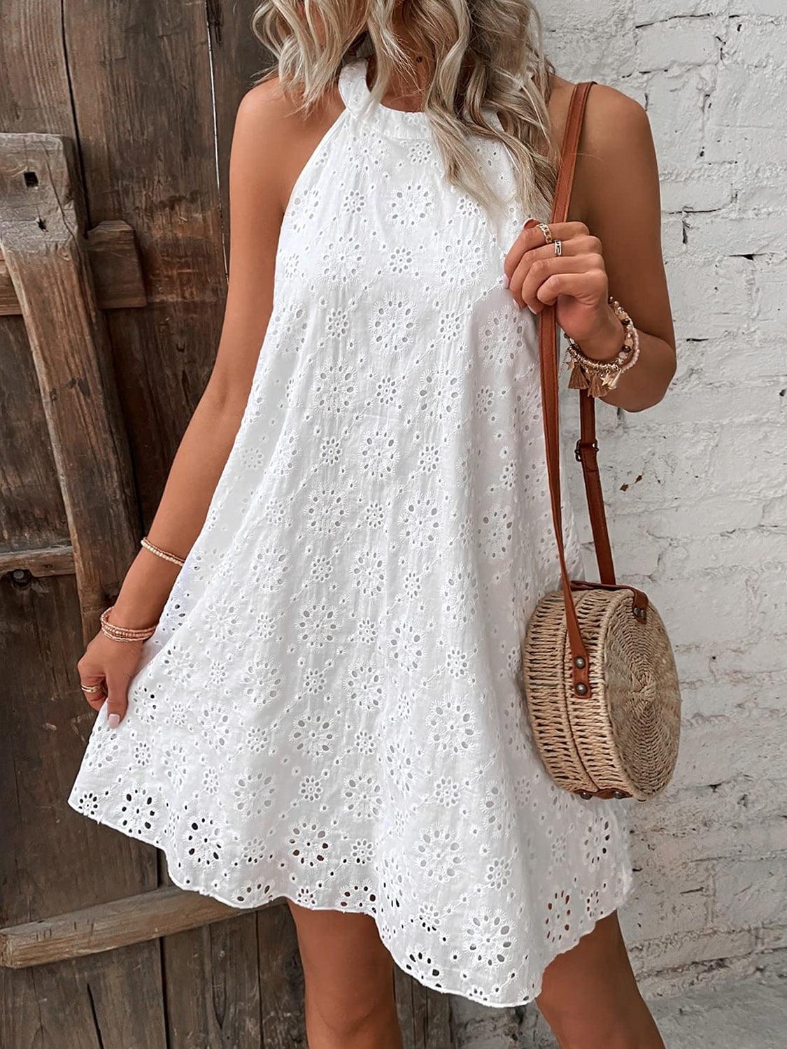 Eyelet Grecian Neck Mini Dress - ClubOn