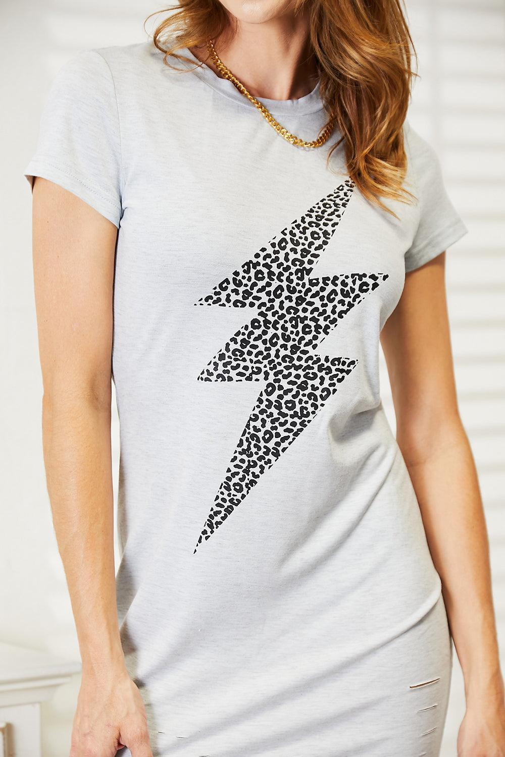 Double Take Leopard Lightning Graphic Tee Dress - ClubOn