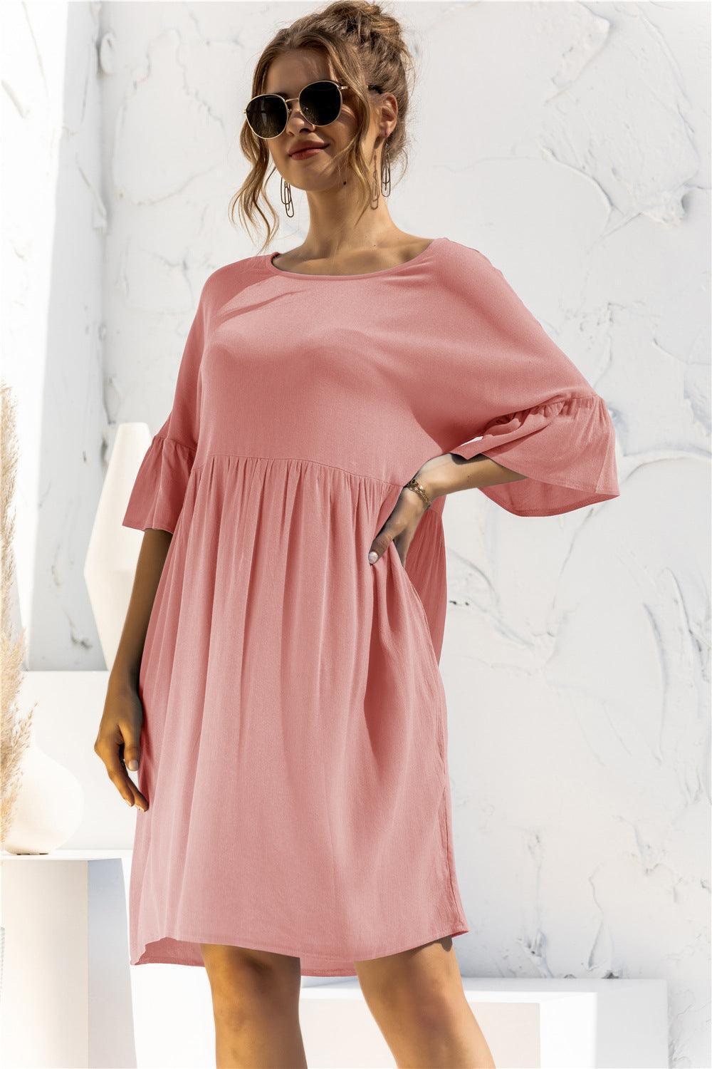 Boat Neck Flounce Sleeve Knee-Length Dress - ClubOn