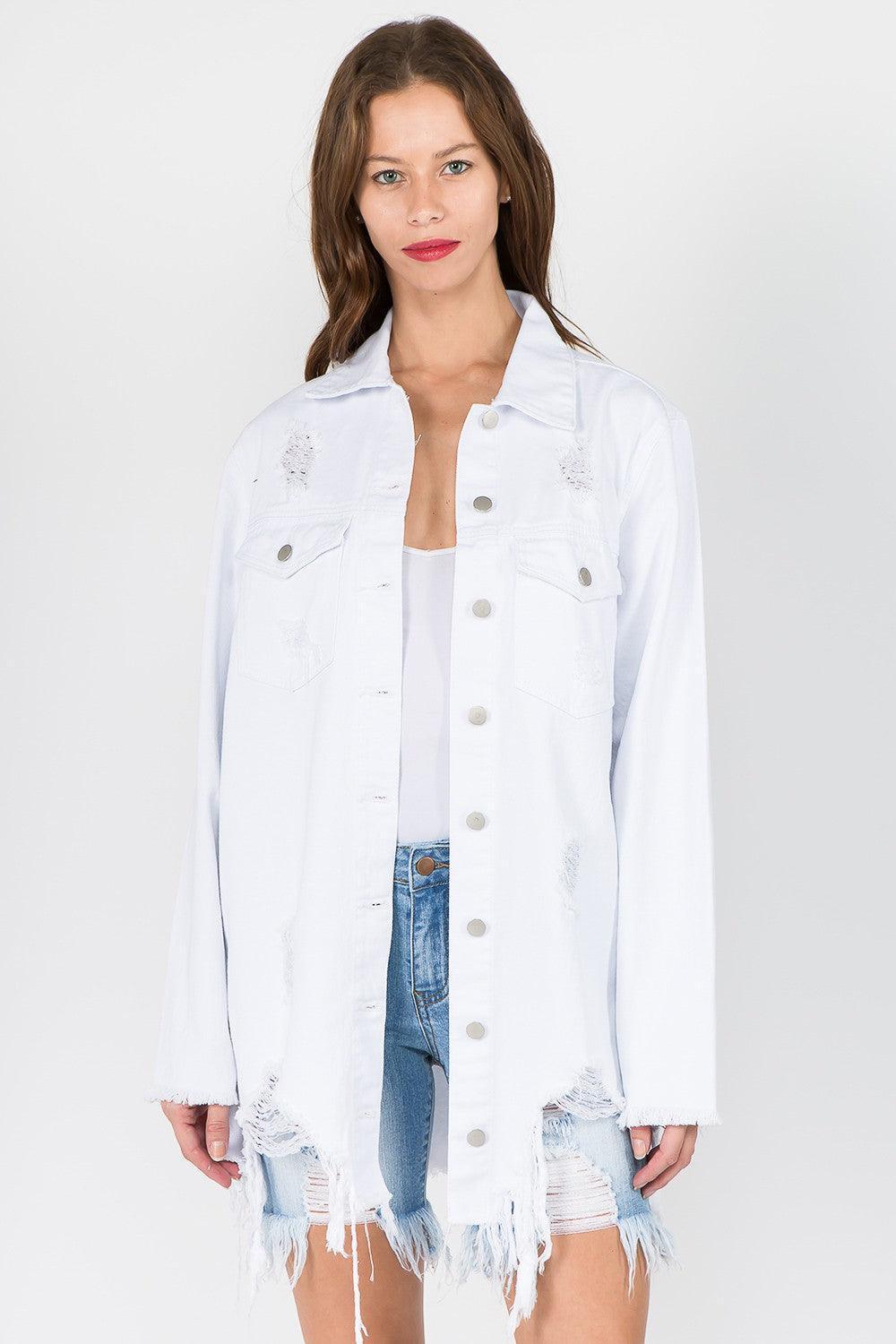 American Bazi Distressed Frayed Hem Denim Jacket - ClubOn