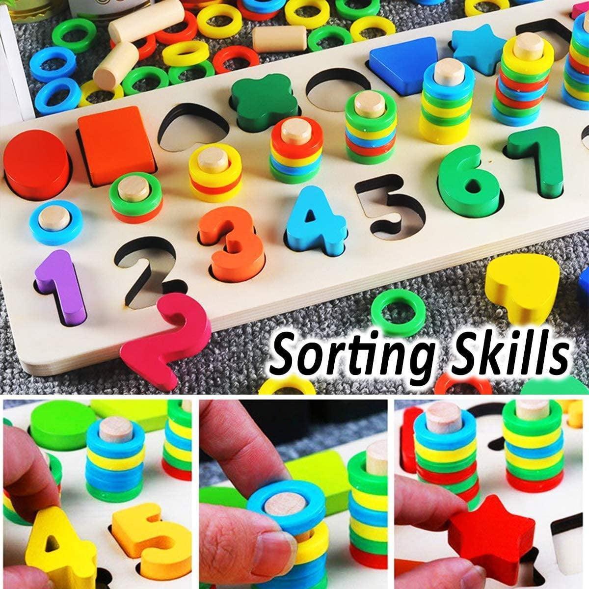 Educational Montessori Toys for Toddlers, Wooden Puzzles & Blocks, Shape Sorter & Math Game for Ages 3-5 - ClubOn