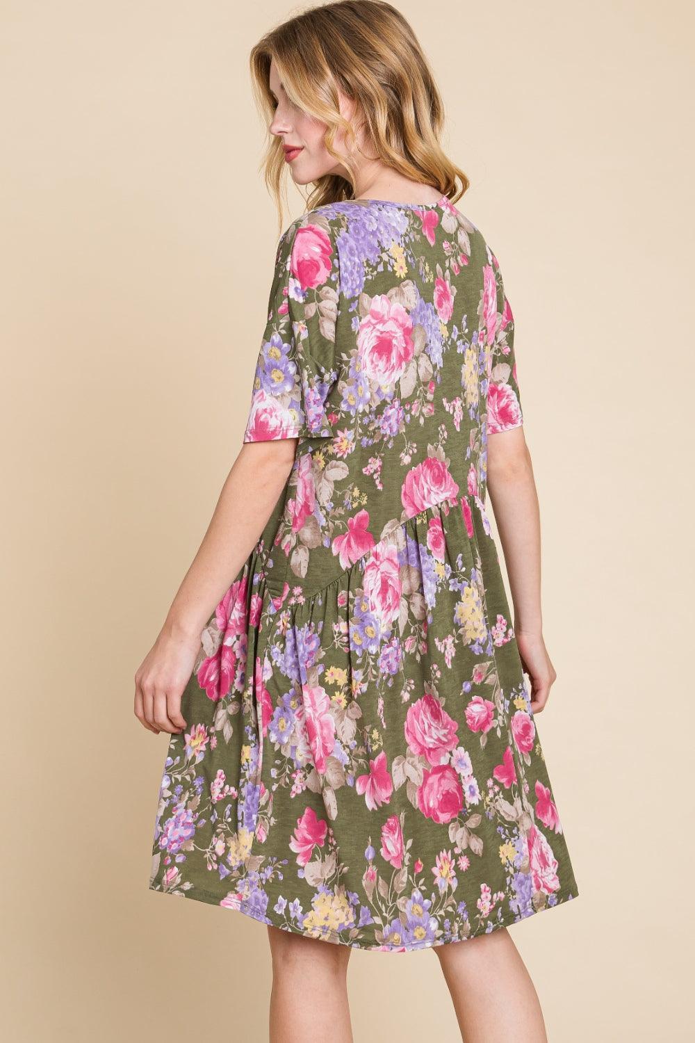 BOMBOM Flower Print V-Neck Ruched Dress - ClubOn