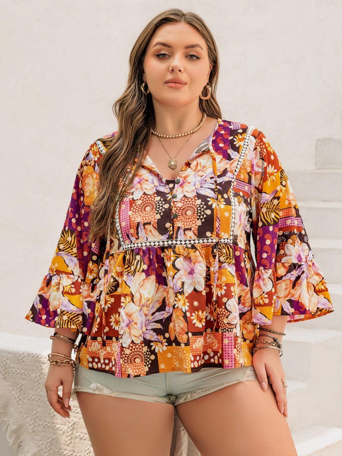 Plus Size Printed Tie Neck Blouse - ClubOn