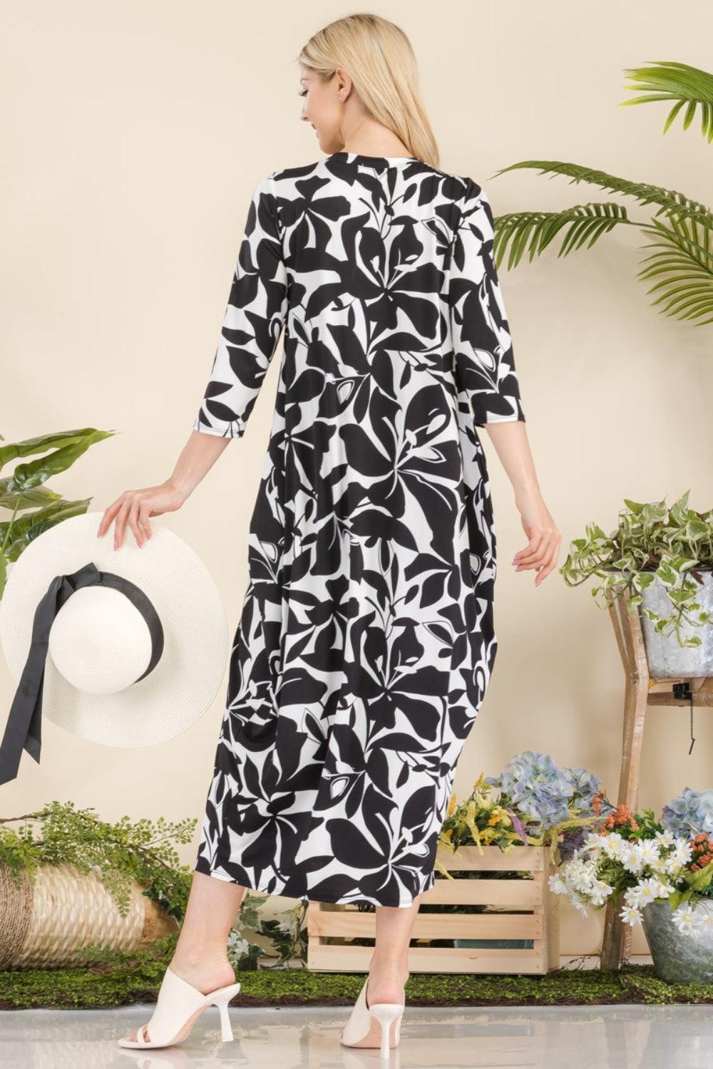 Celeste Full Size Printed Contrast Dress with Pockets - ClubOn