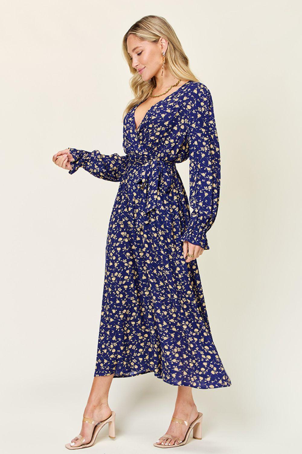 Double Take Full Size Tie Back Flounce Sleeve Dress - ClubOn
