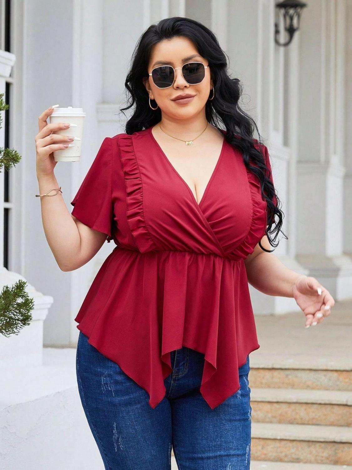 Plus Size Frill Surplice Flutter Sleeve Blouse - ClubOn