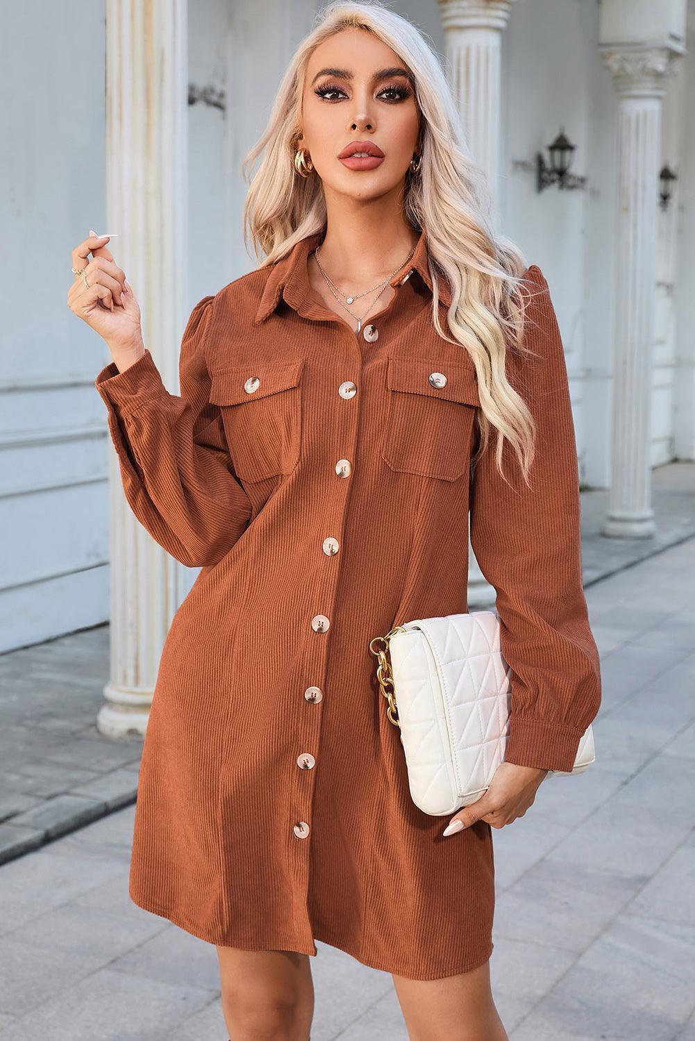 Button Down Puff Sleeve Dress - ClubOn