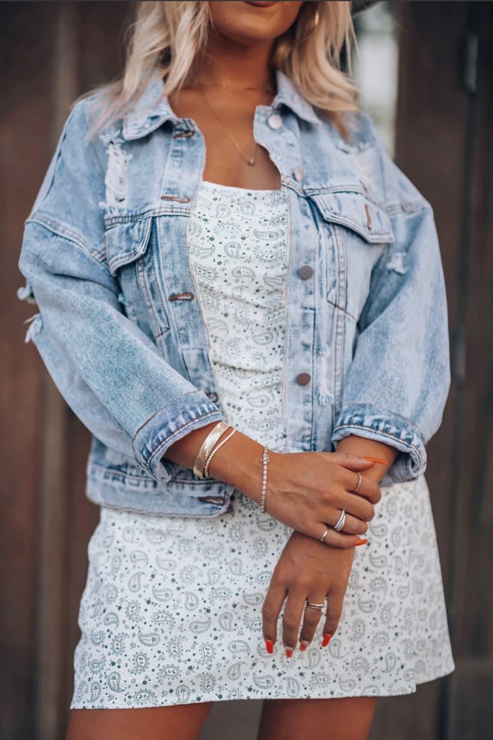Distressed Drop Shoulder Denim Jacket - ClubOn