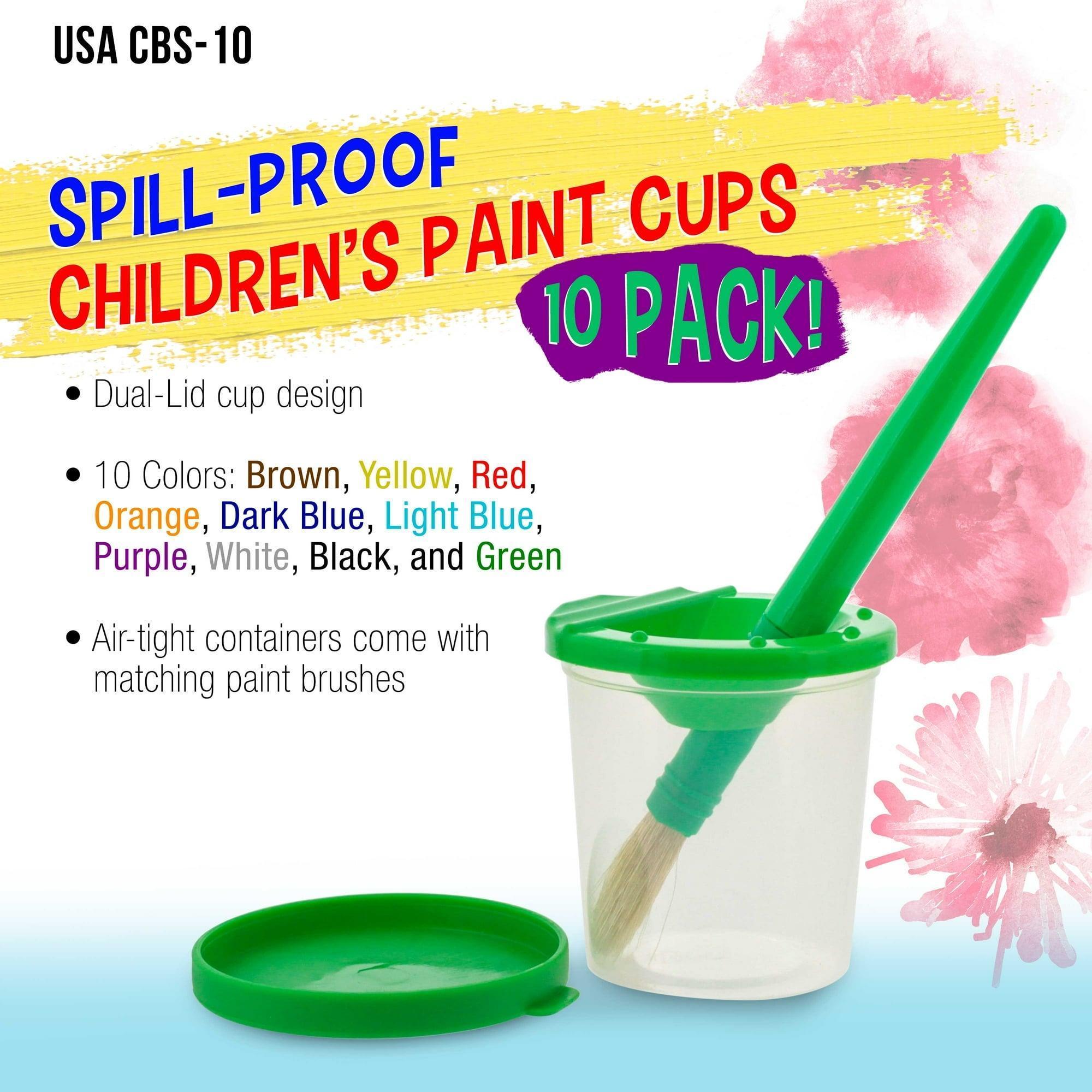 U.S. Art Supply 10-Piece No-Spill Paint Cups & 10-Piece Large Round Brush Set for Kids, Colored Lids & Wooden Handles - ClubOn