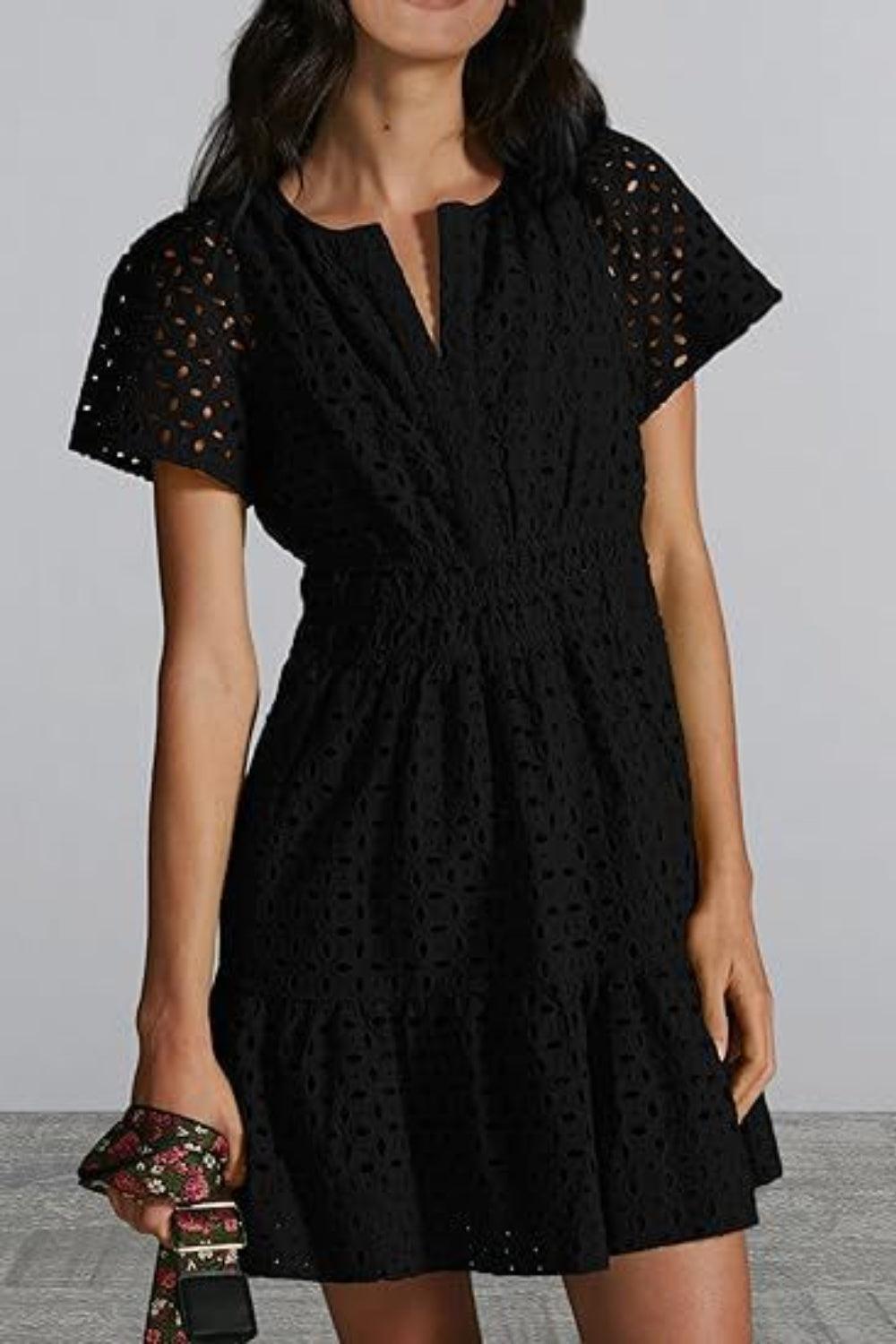 Eyelet Notched Short Sleeve Mini Dress - ClubOn