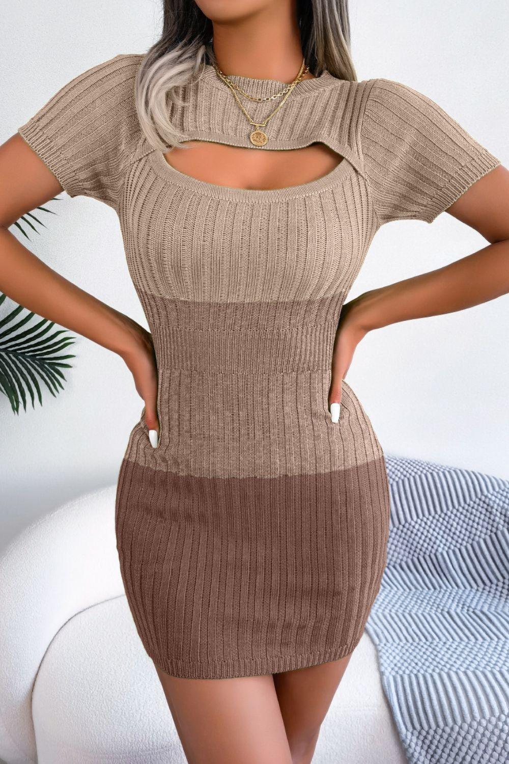 Color Block Cutout Short Sleeve Sweater Dress - ClubOn