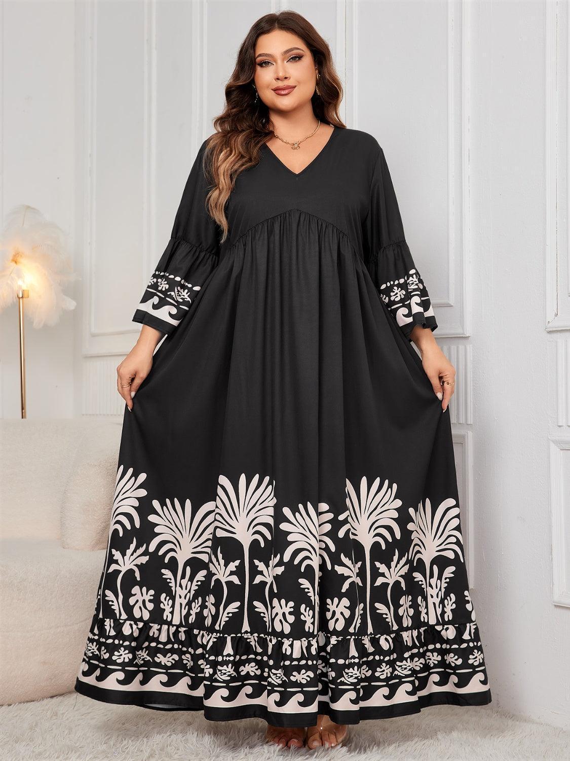 Honey Plus Size Printed V-Neck Long Sleeve Maxi Dress - ClubOn
