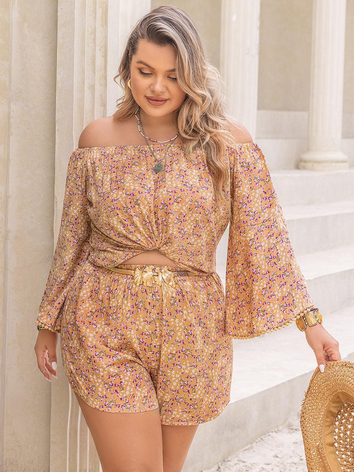 Plus Size Printed Off-Shoulder Top and Shorts Set - ClubOn