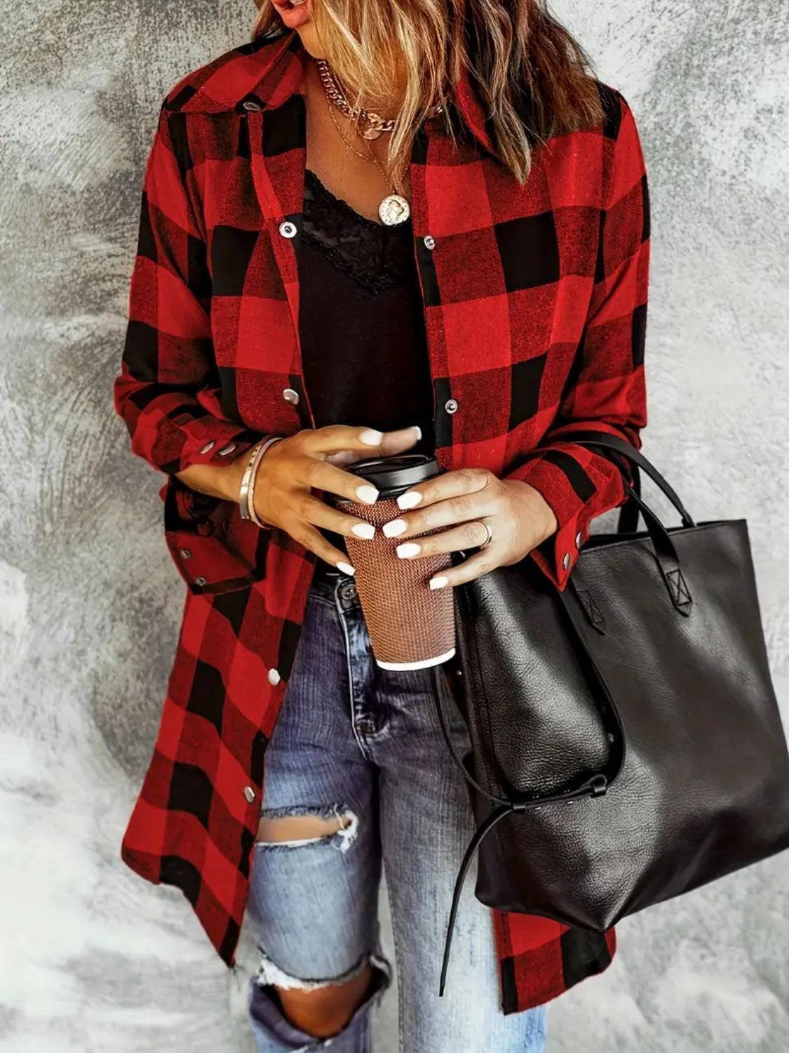 Plaid Collared Neck Snap Down Long Sleeve Jacket - ClubOn