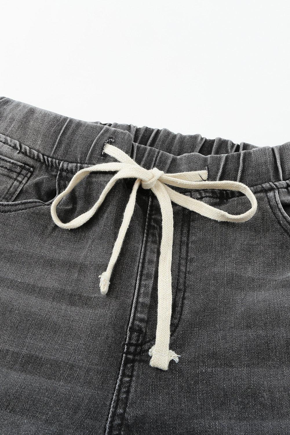Drawstring Distressed Raw Hem Jeans with Pockets - ClubOn