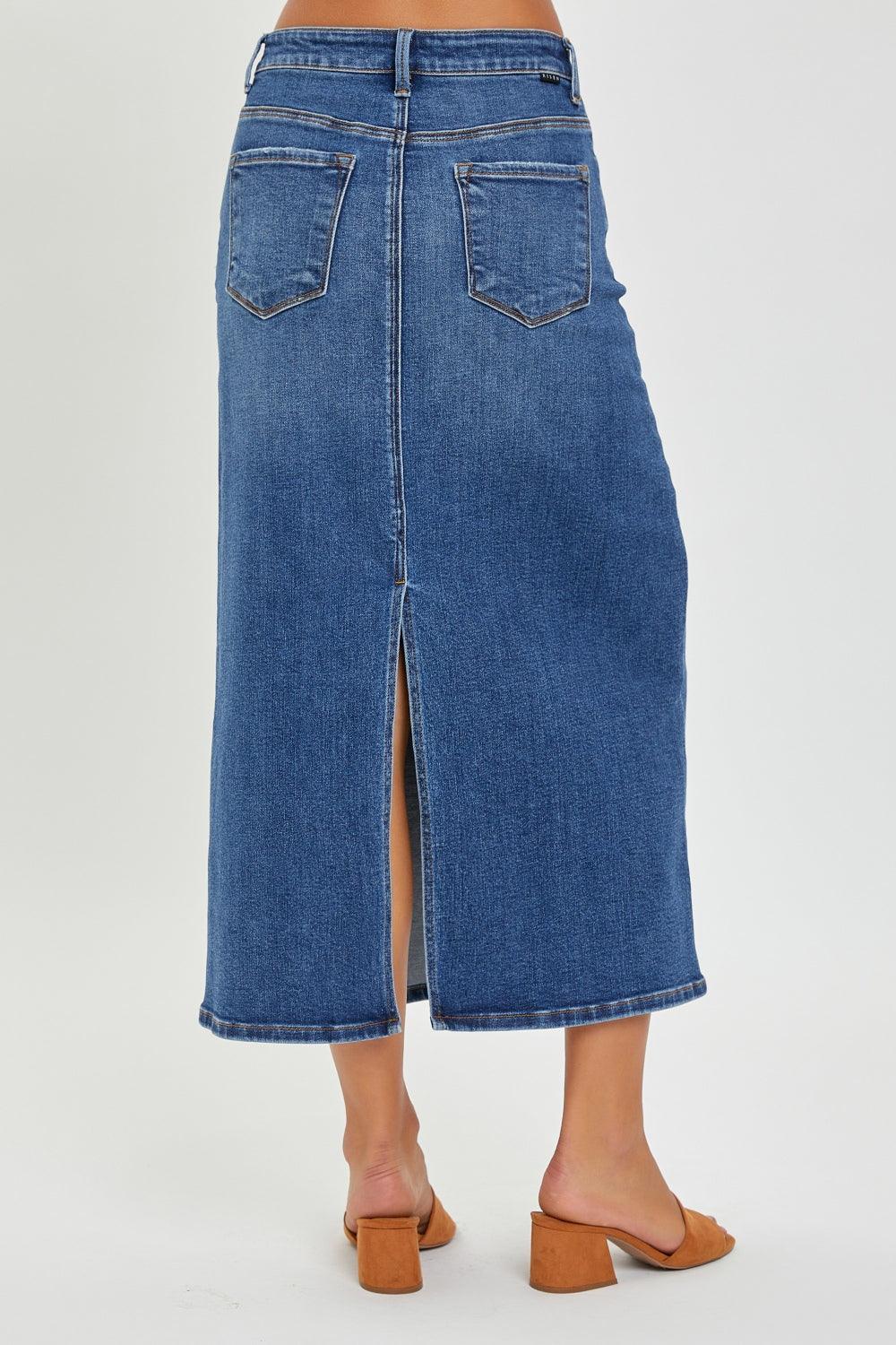 RISEN High Rise Back Slit Denim Skirt - ClubOn