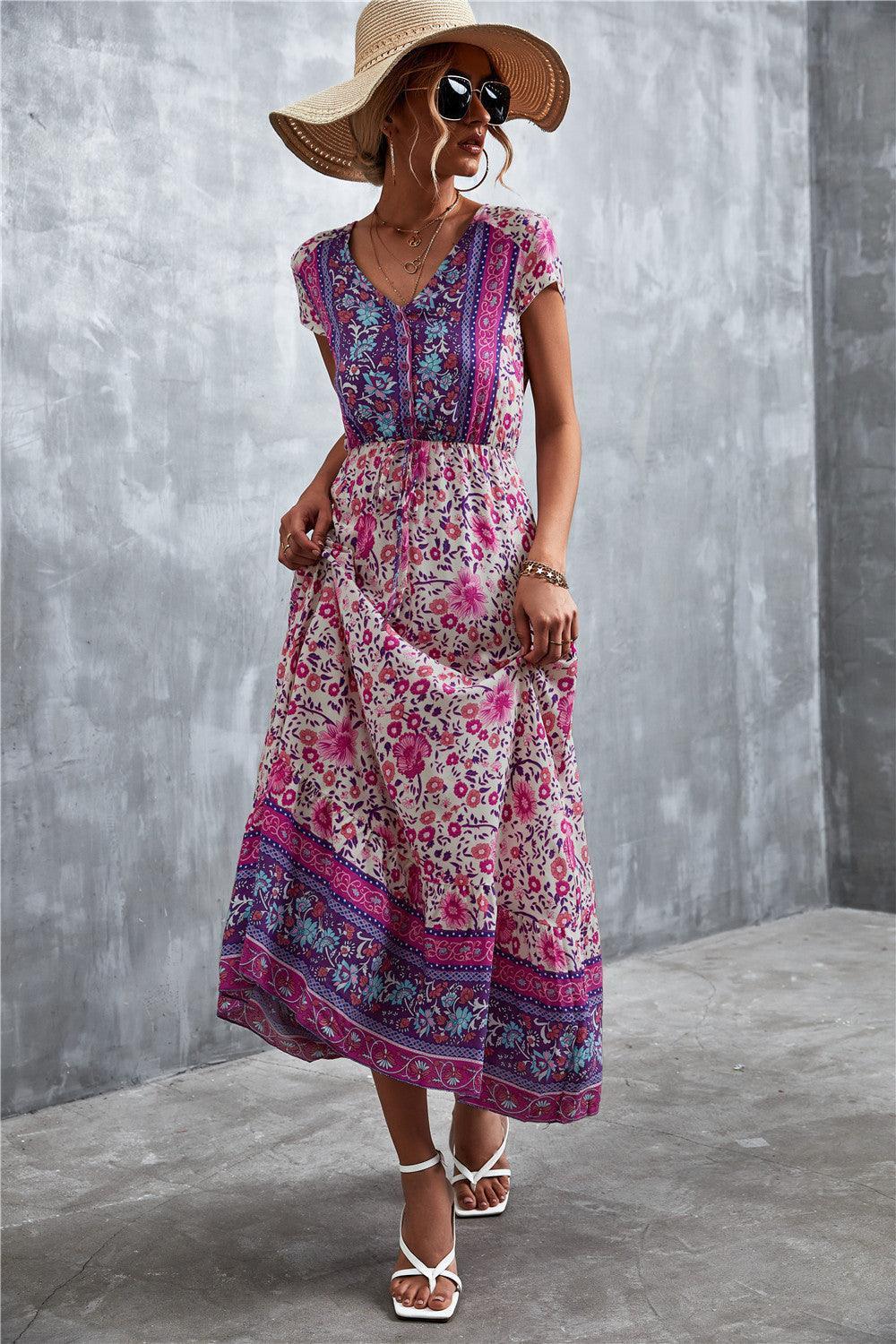 V-Neck Short Sleeve Printed Maxi Dress - ClubOn
