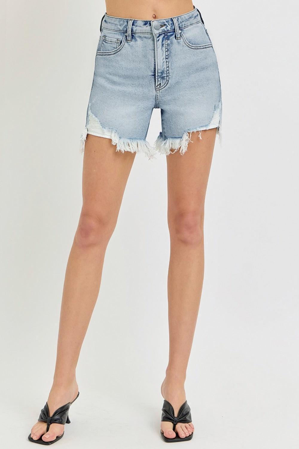 RISEN High Rise Side Step Hem Denim Shorts - ClubOn