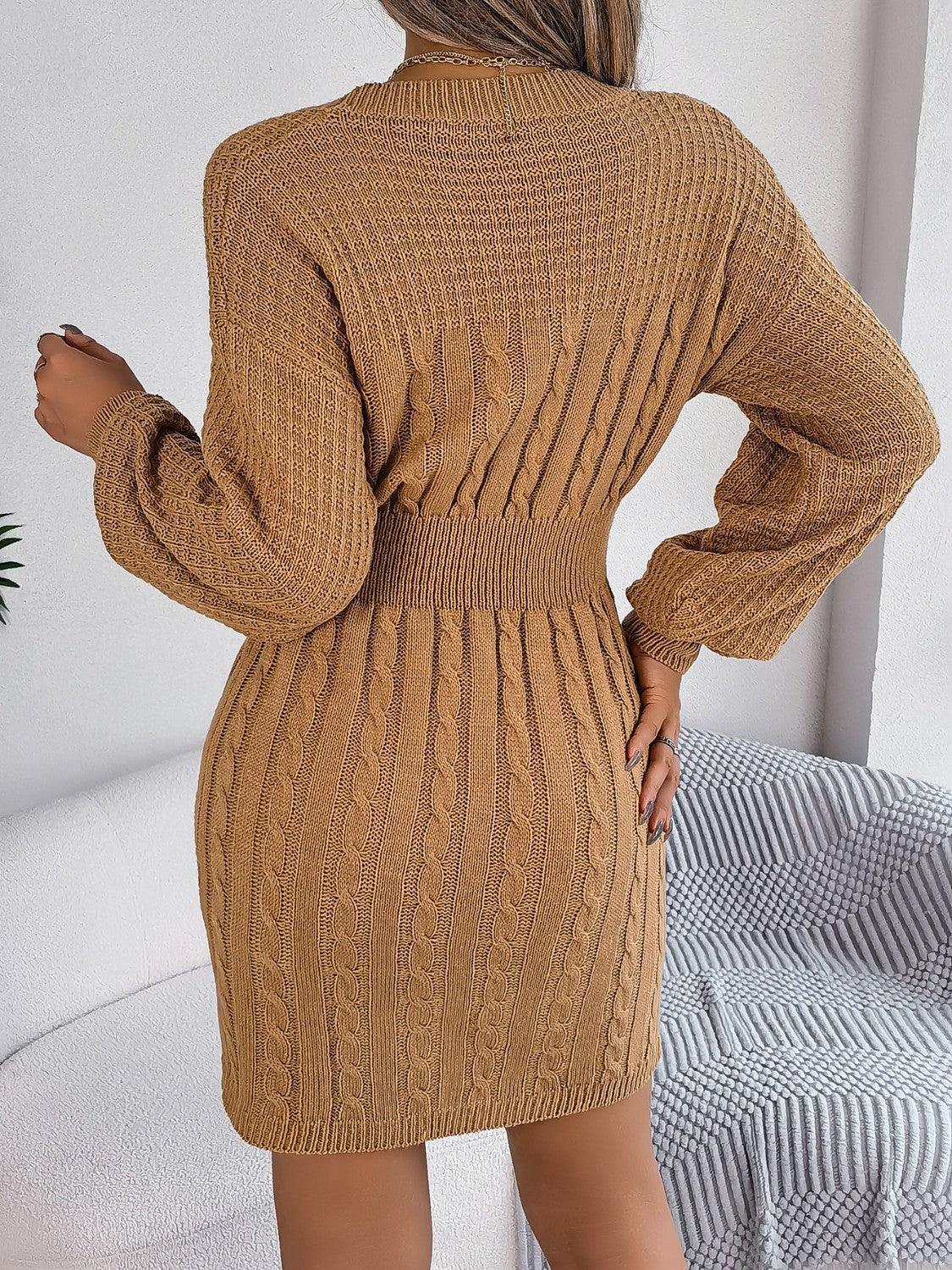 Cable-Knit Cutout Round Neck Slit Sweater Dress - ClubOn