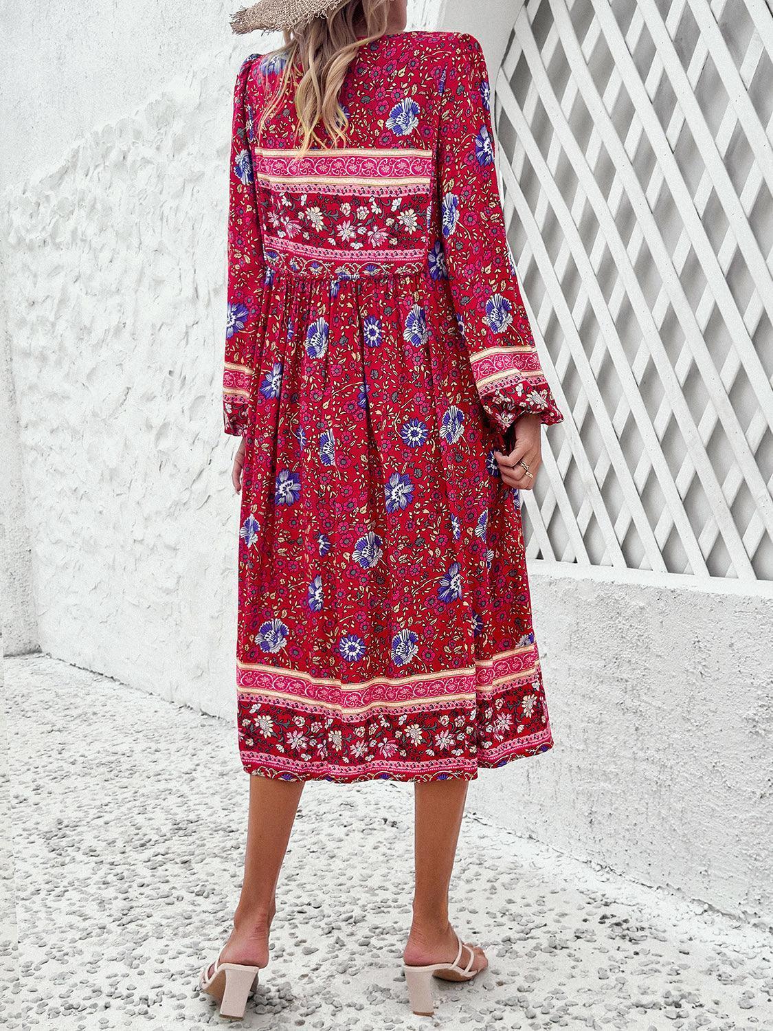 Devine Tassel Tied Printed Long Sleeve Dress - ClubOn