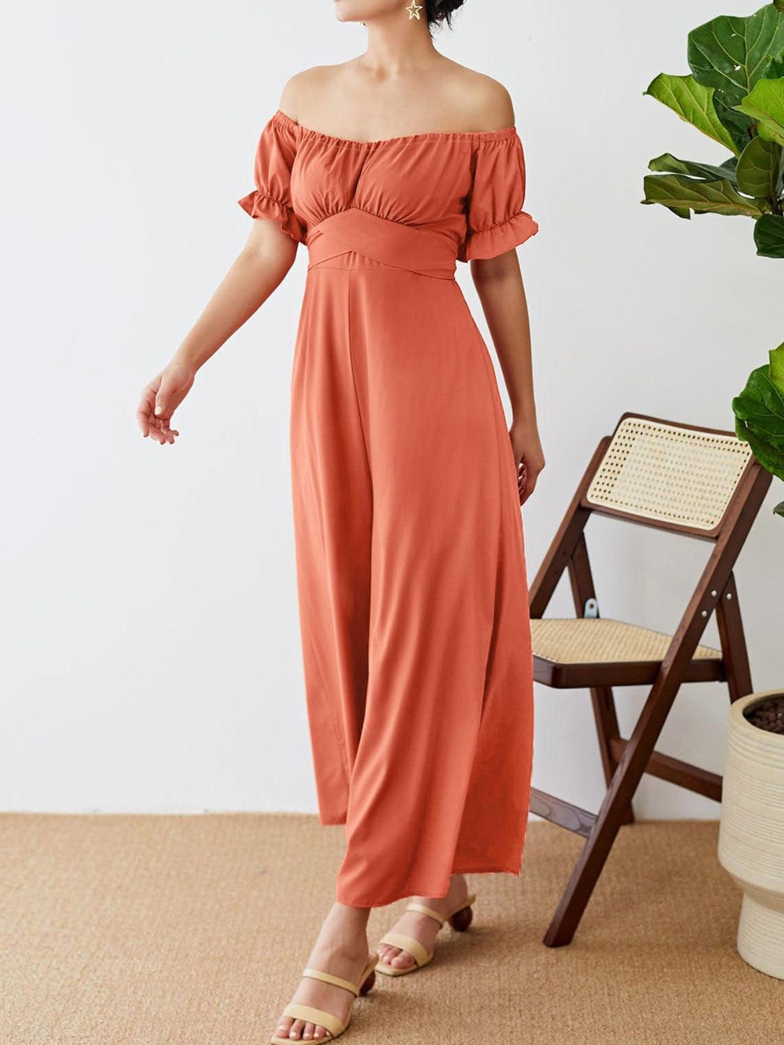 Off-Shoulder Short Sleeve Wide Leg Jumpsuit - ClubOn