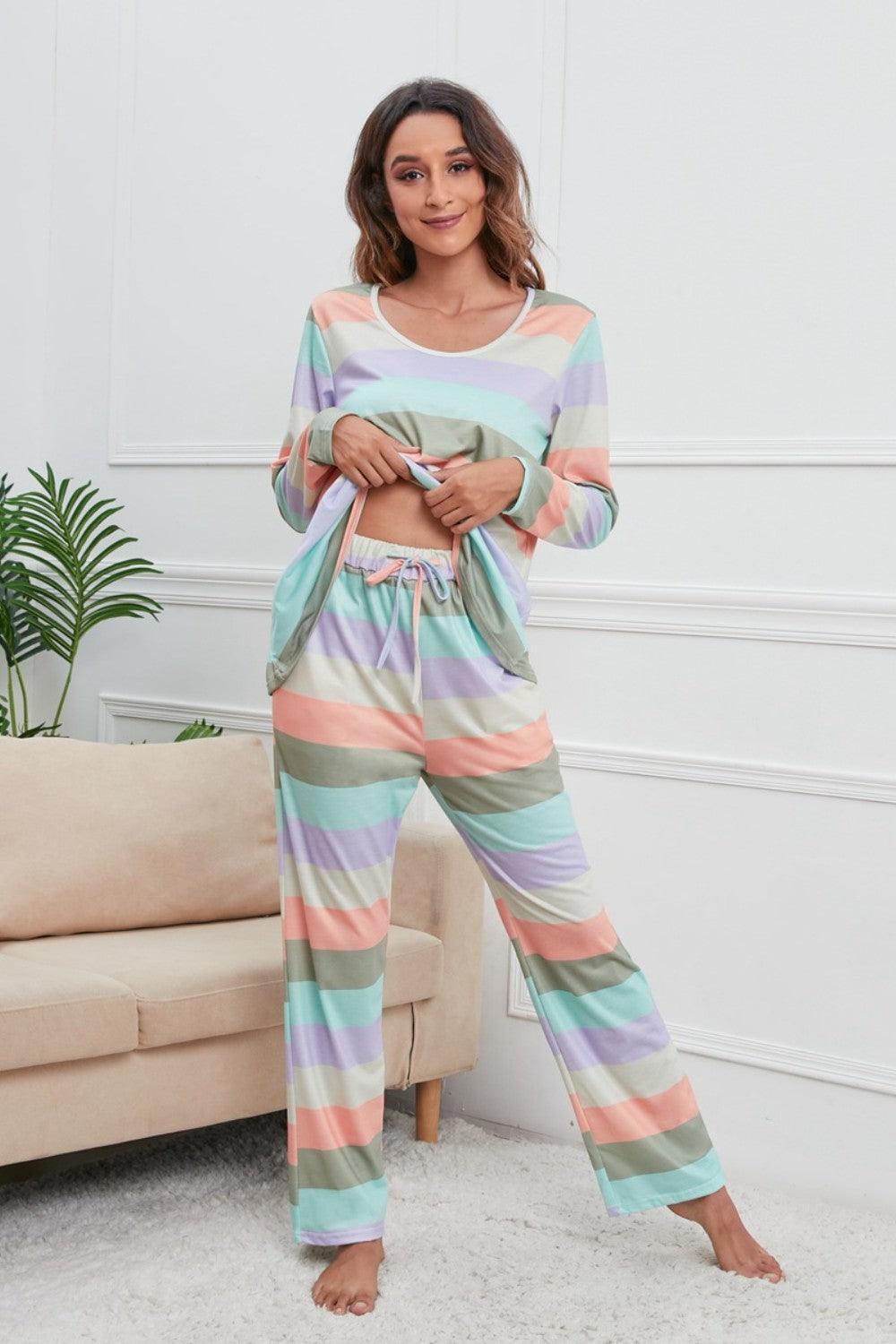 Striped Round Neck Long Sleeve Top and Drawstring Pants Lounge Set - ClubOn