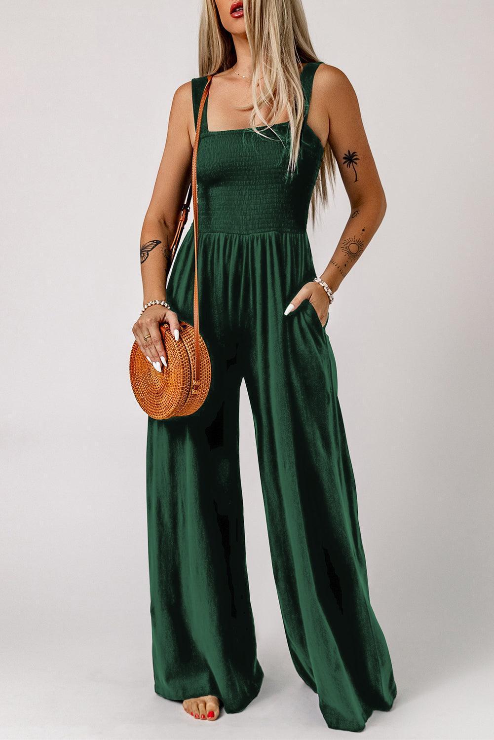 Smocked Square Neck Wide Leg Jumpsuit with Pockets - ClubOn