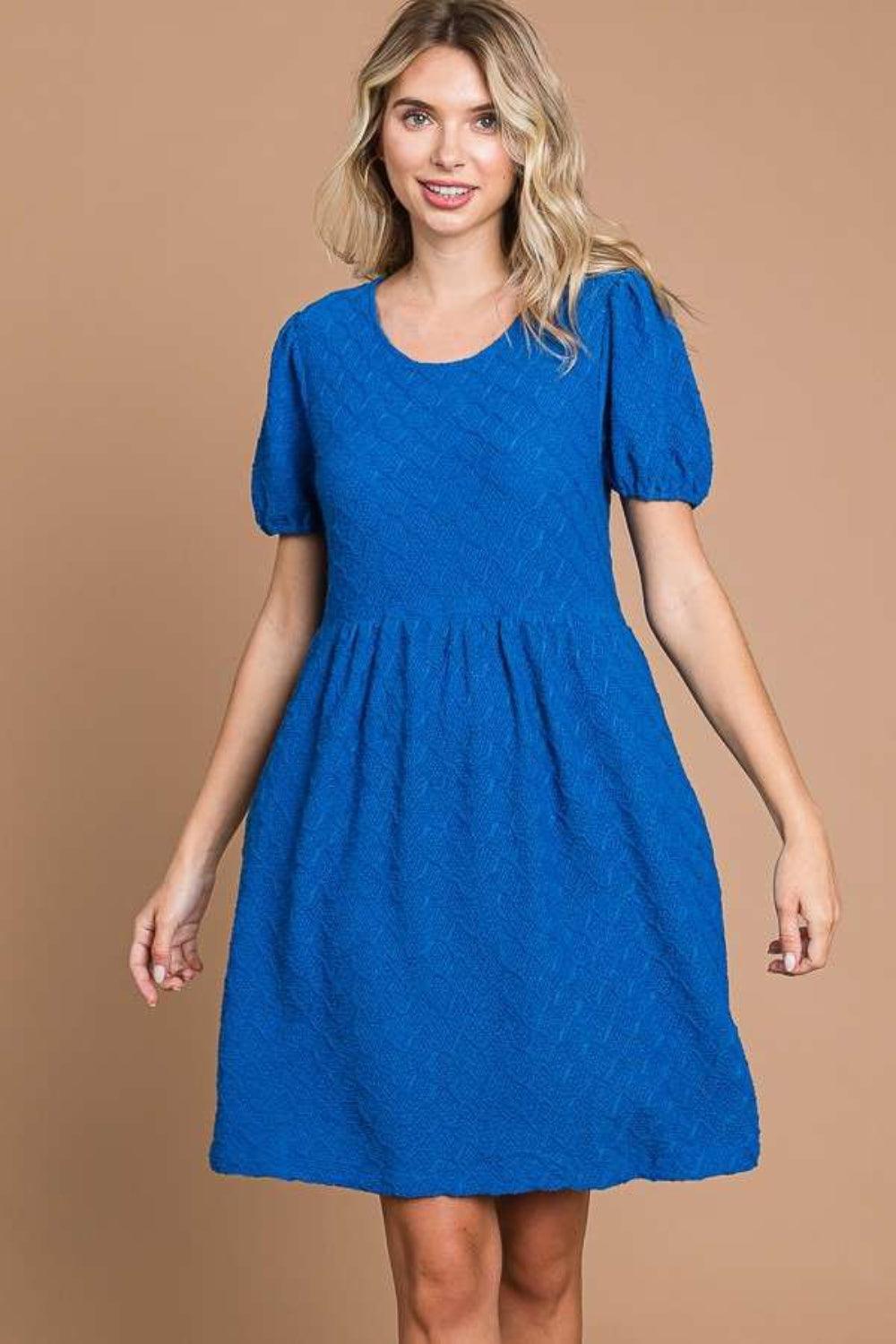 Culture Code Texture Round Neck Short Sleeve Dress with Pockets - ClubOn