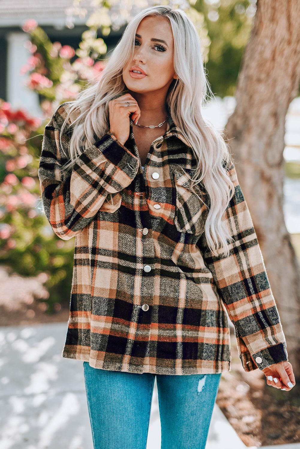 Double Take Plaid Button Front Shirt Jacket with Breast Pockets - ClubOn