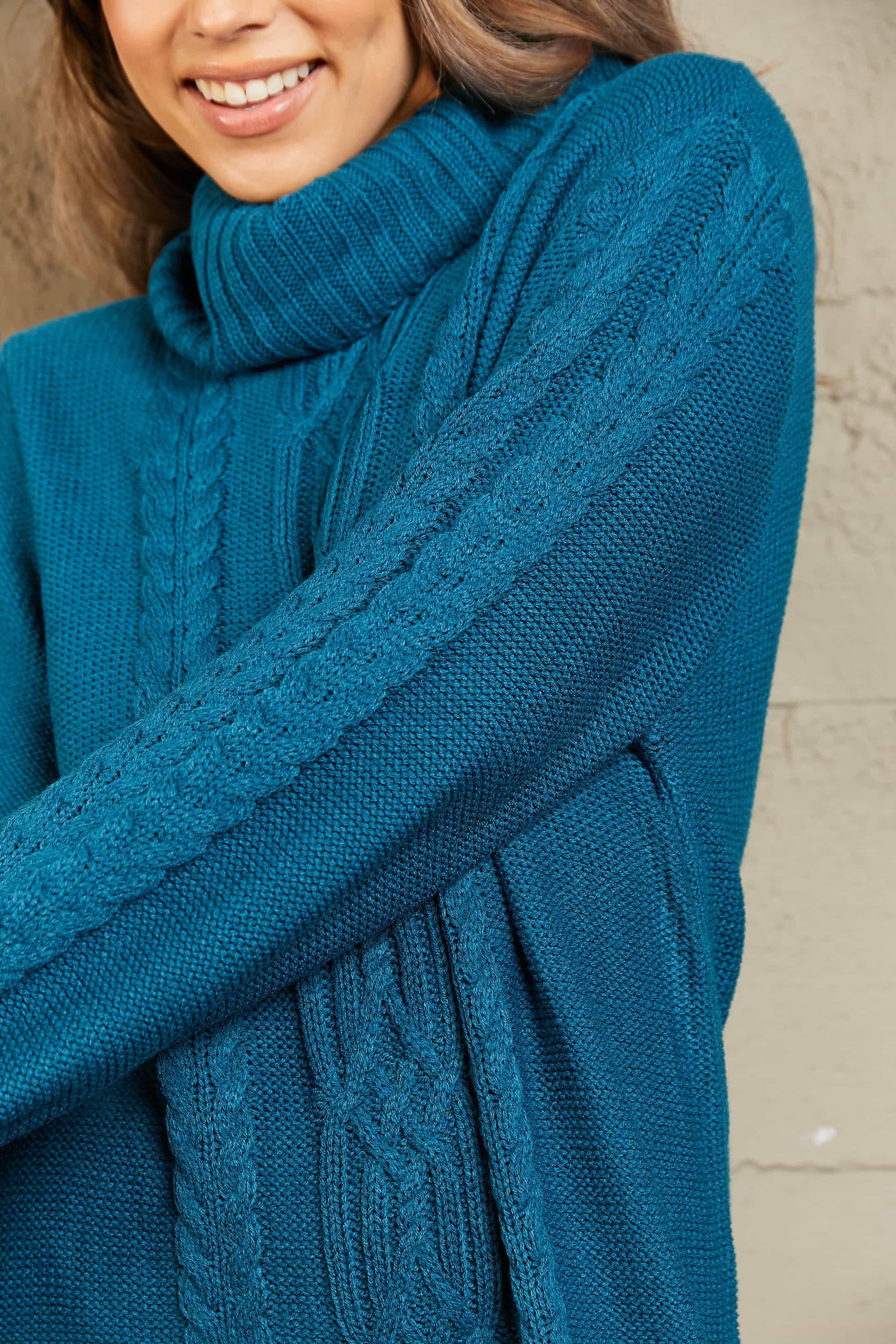 Woven Right Mixed Knit Turtleneck Lantern Sleeve Sweater Dress - ClubOn