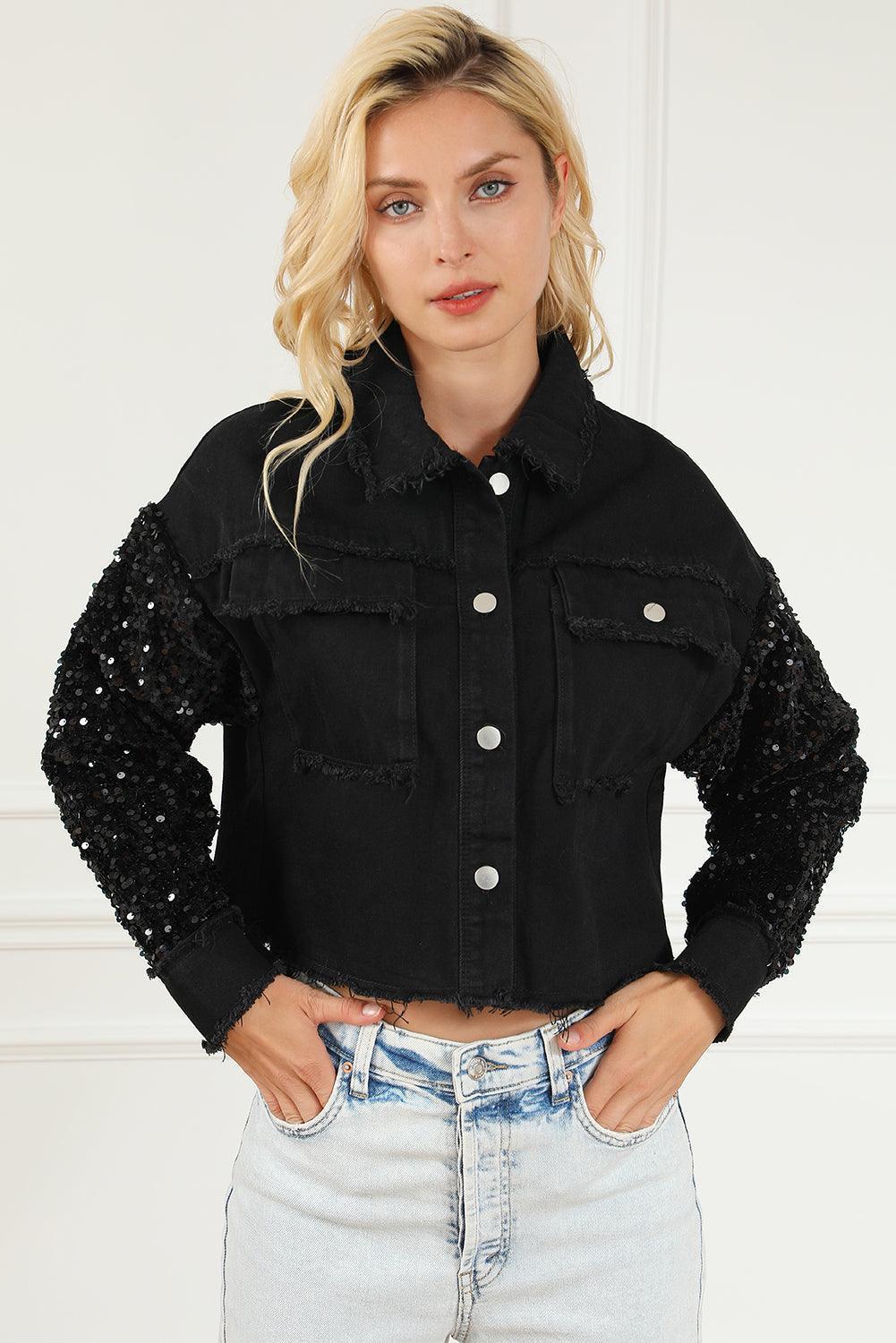 Sequin Button Up Raw Hem Denim Jacket - ClubOn