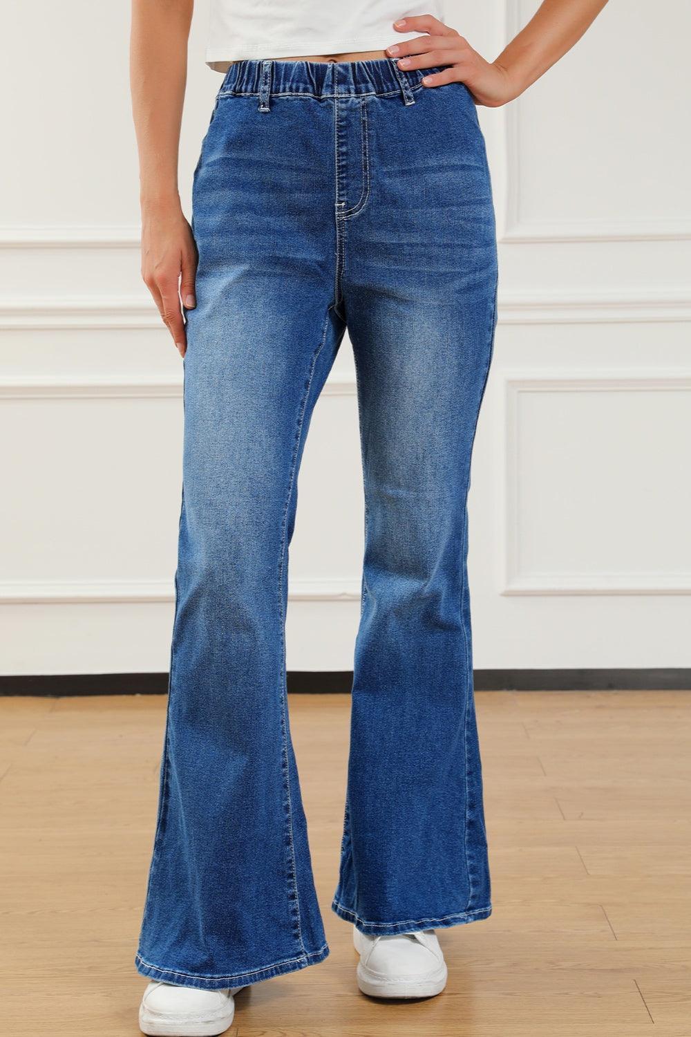 Elastic Waist Bootcut Jeans with Pockets - ClubOn