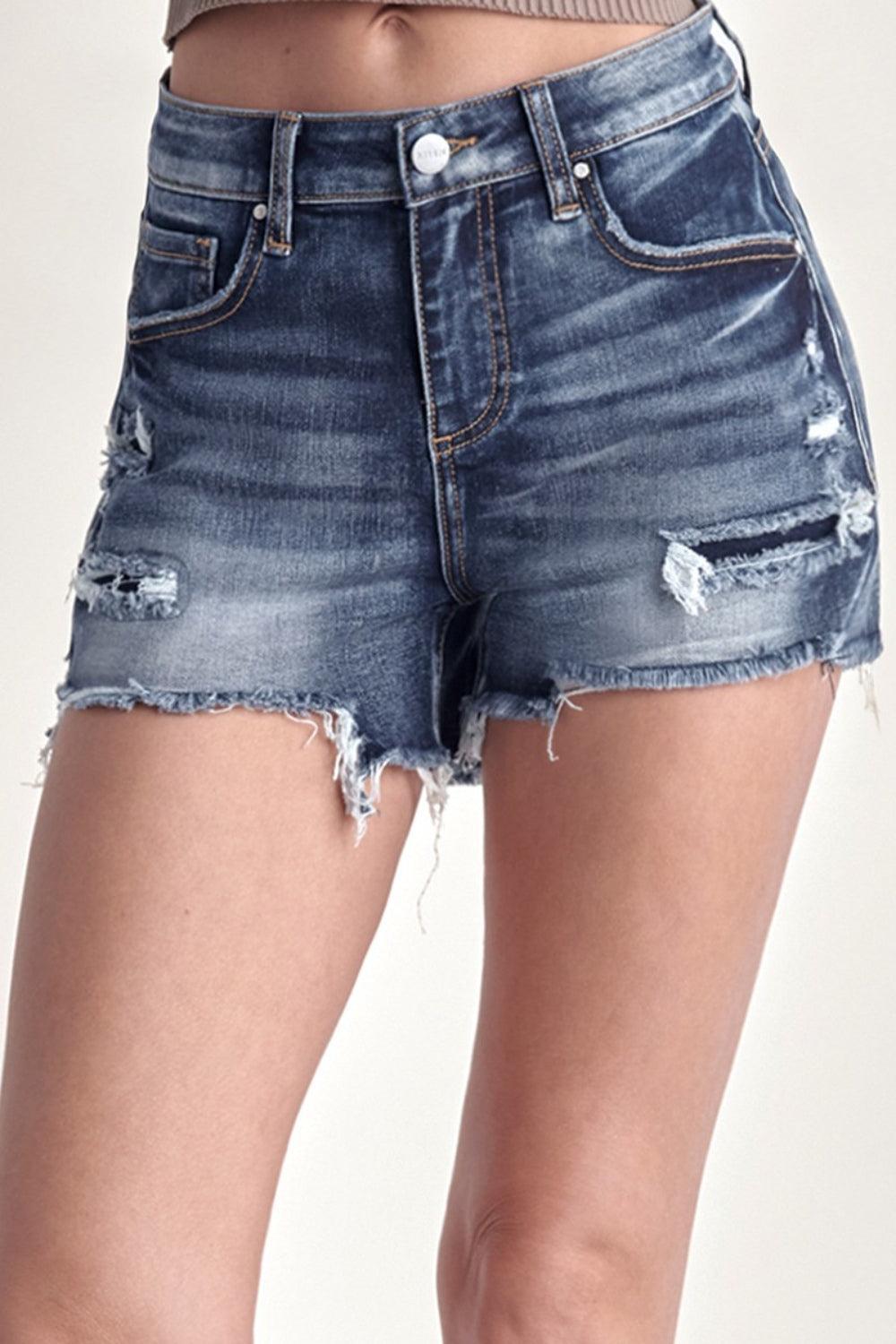 RISEN Mid Rise Raw Hem Denim Shorts - ClubOn