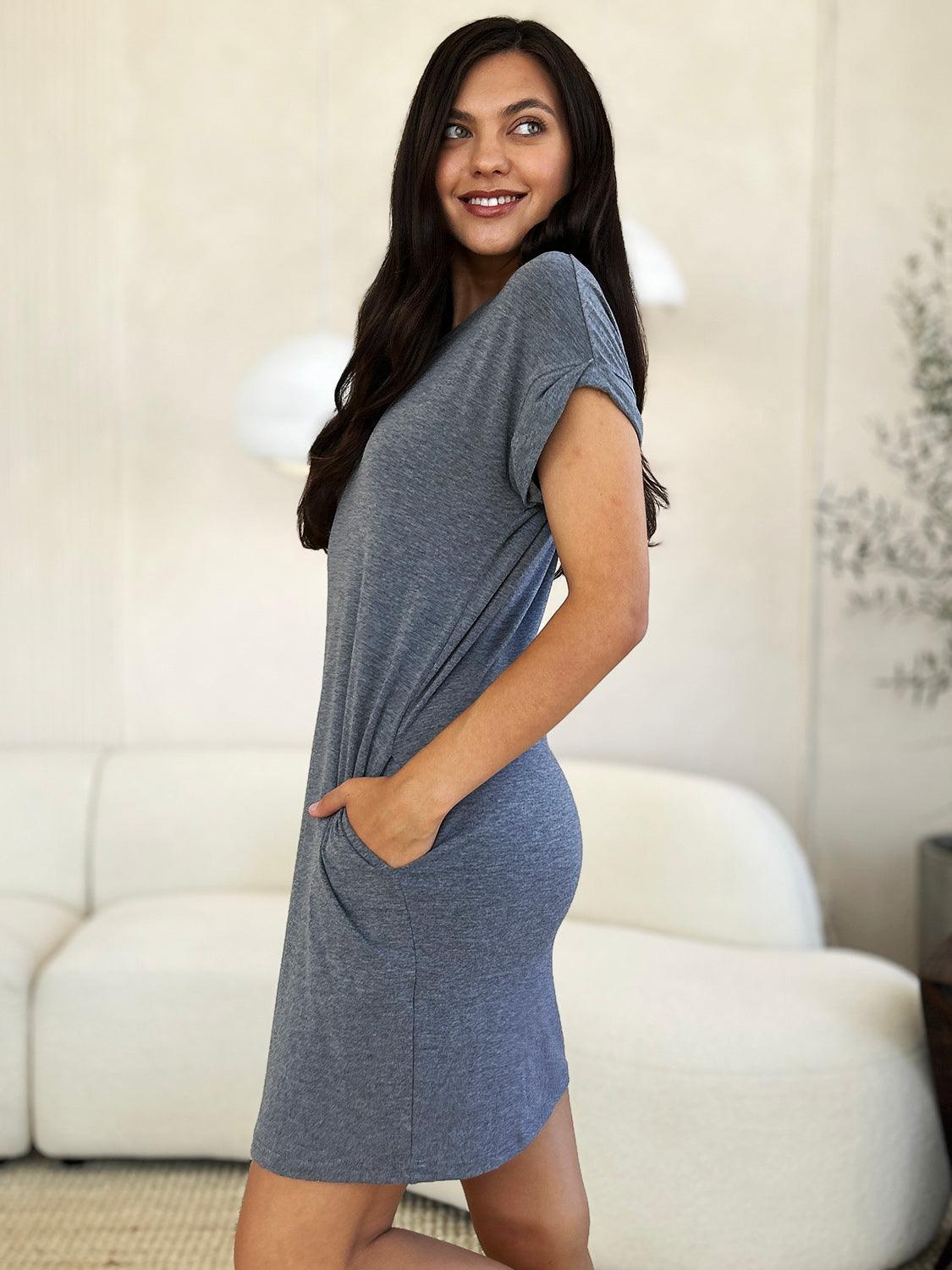 Basic Bae Full Size Round Neck Short Sleeve Dress with Pockets - ClubOn