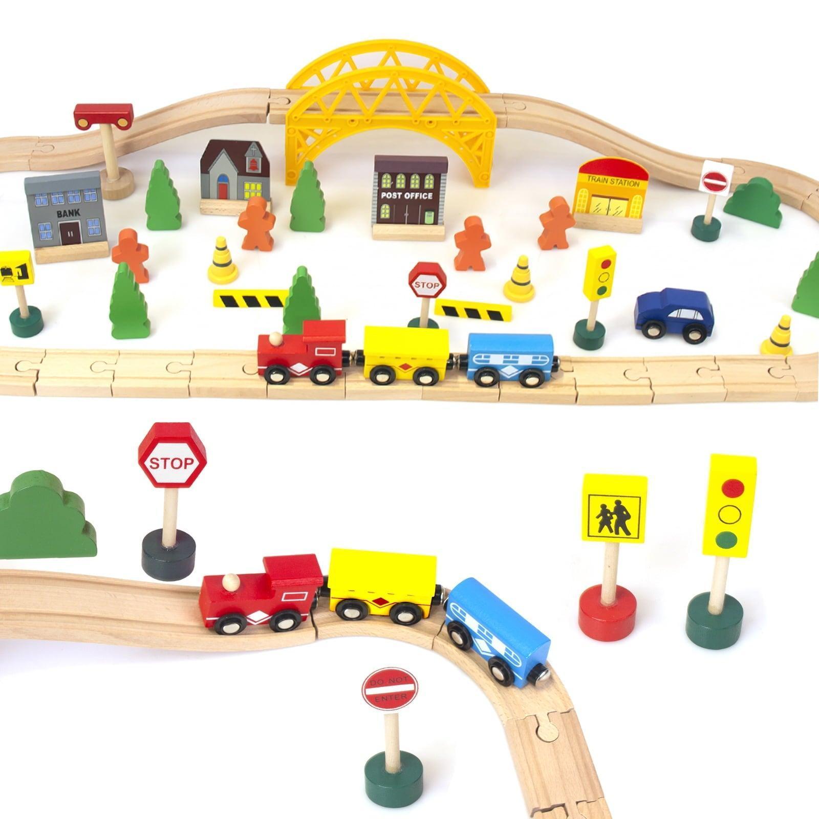 WoodenEdu Double-Side Model Train Set, Easy to Assemble Wood, Yellow, 60 Pcs, 2.72lbs - ClubOn