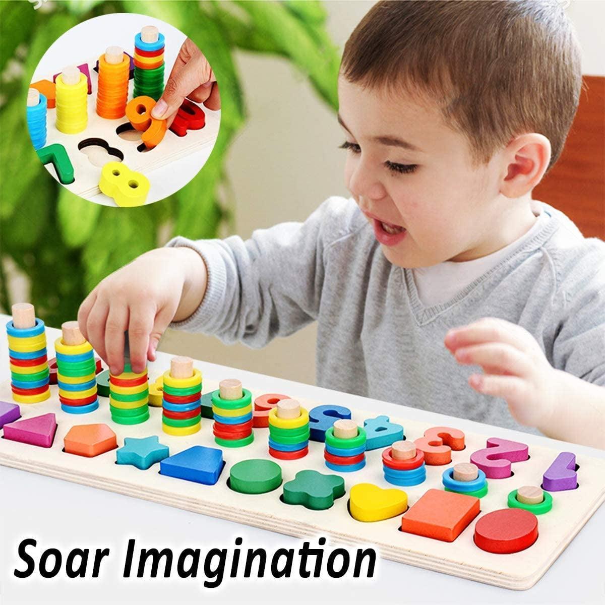 Educational Montessori Toys for Toddlers, Wooden Puzzles & Blocks, Shape Sorter & Math Game for Ages 3-5 - ClubOn