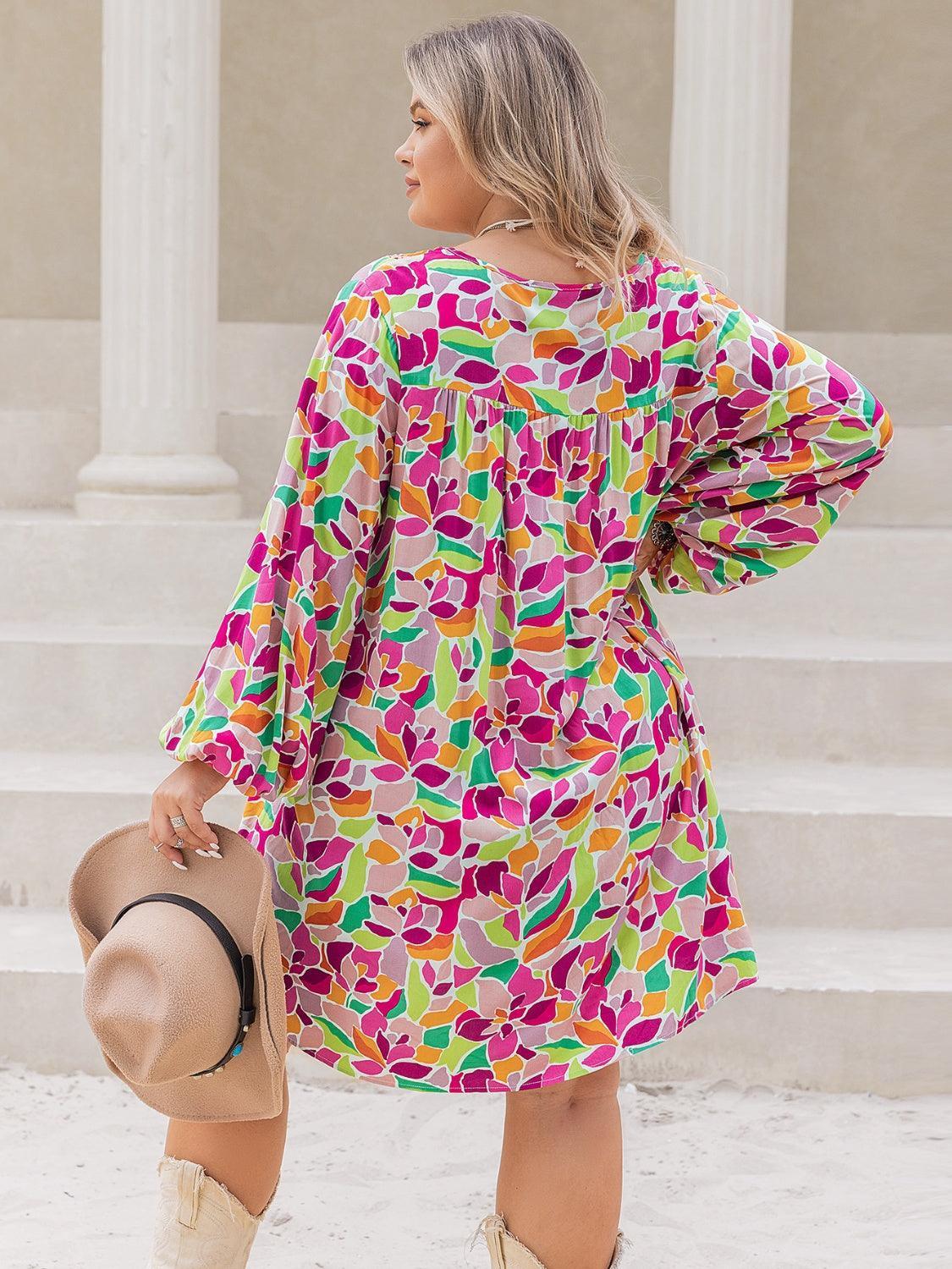 Plus Size Printed V-Neck Balloon Sleeve Mini Dress - ClubOn