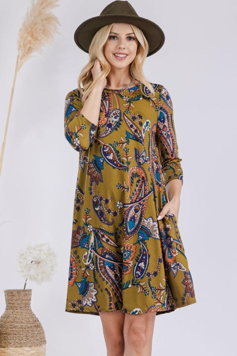 Celeste Full Size Paisley Print Round Neck Dress with Pockets - ClubOn