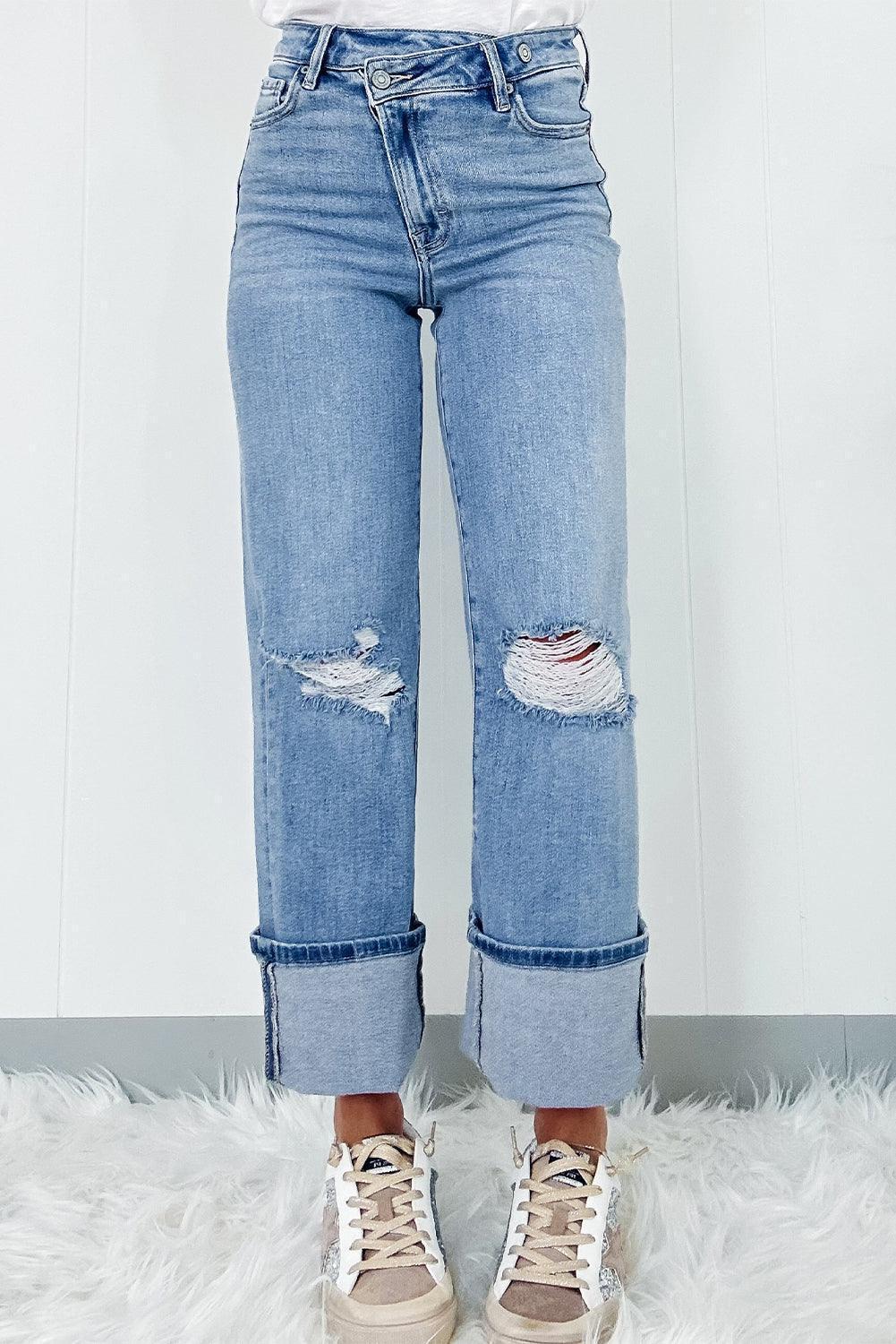 Distressed Straight Jeans with Pockets - ClubOn