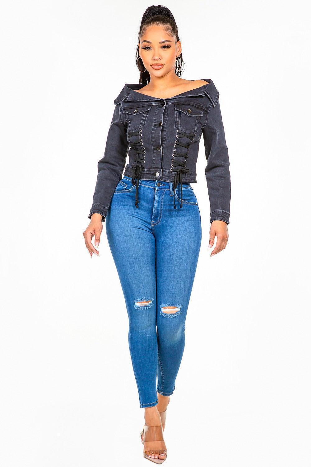 American Bazi Off Shoulder Lace Up Denim Jacket - ClubOn