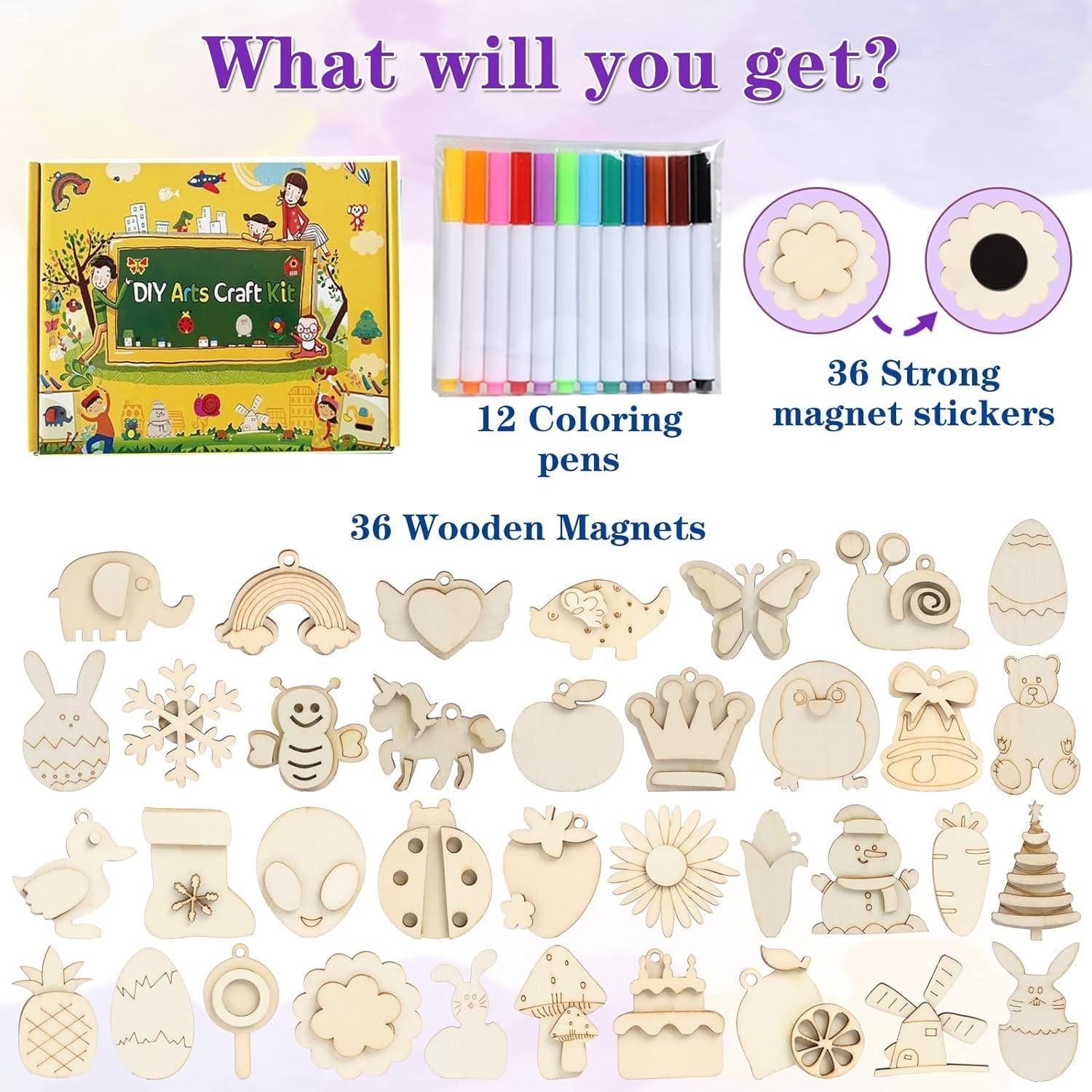 36 Pcs Wooden Magnets DIY Craft Kit, Paint Your Own Art for Kids, Ages 4-12, Birthday & Easter Gifts - ClubOn
