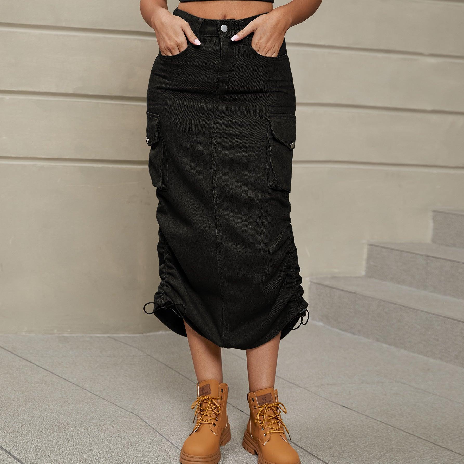 Drawstring Ruched Slit Denim Midi Skirt - ClubOn
