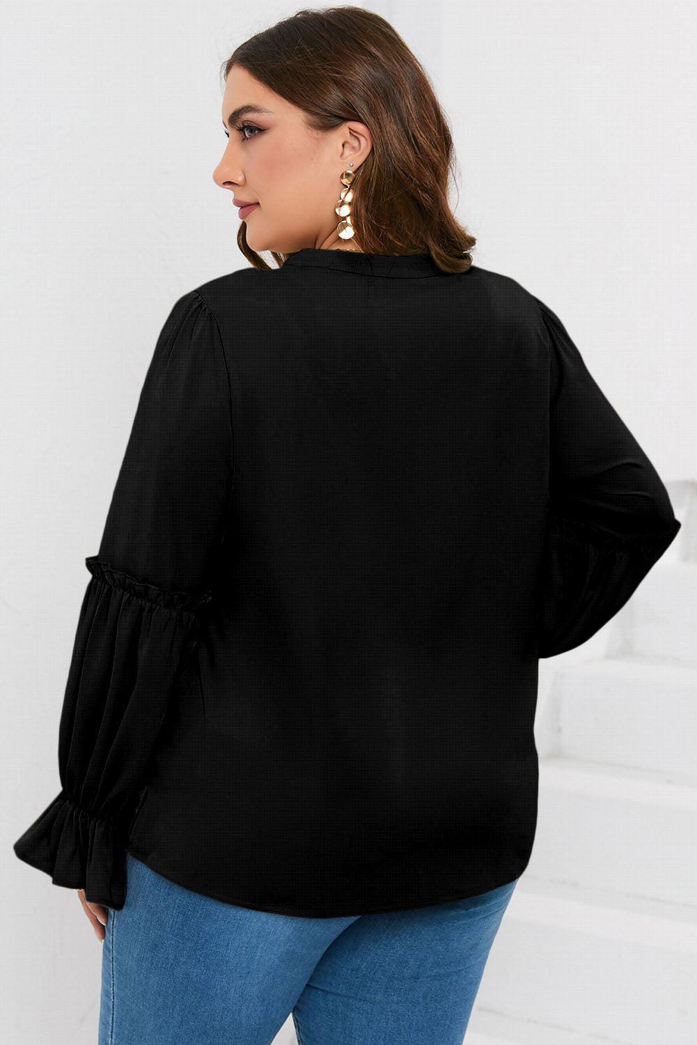 Plus Size Ruffled Tie Neck Flounce Sleeve Blouse - ClubOn