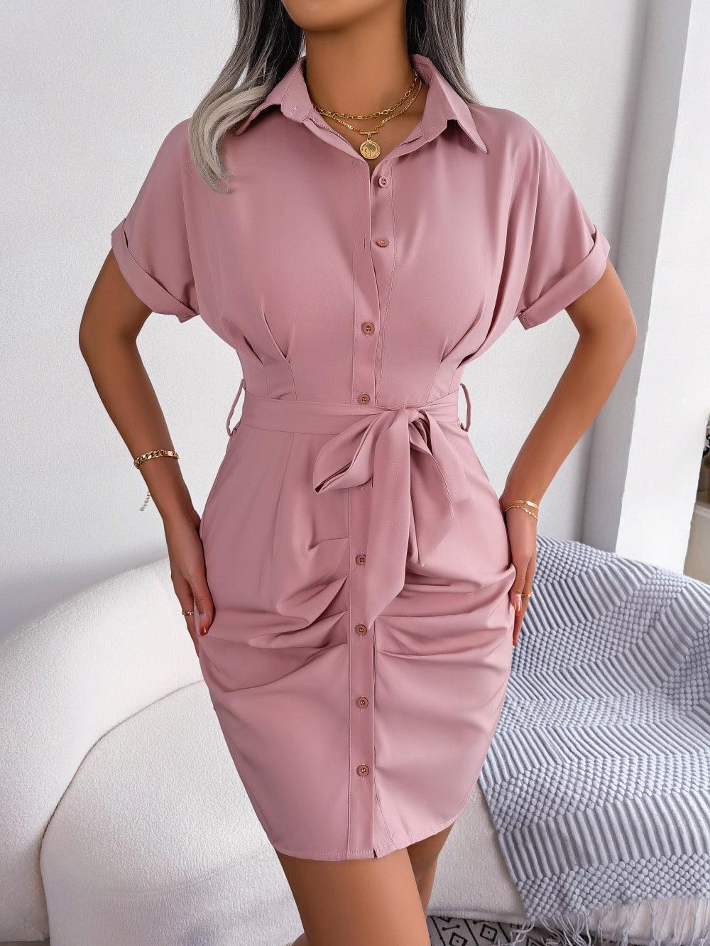 Button Down Ruched Tie Belt Dress - ClubOn