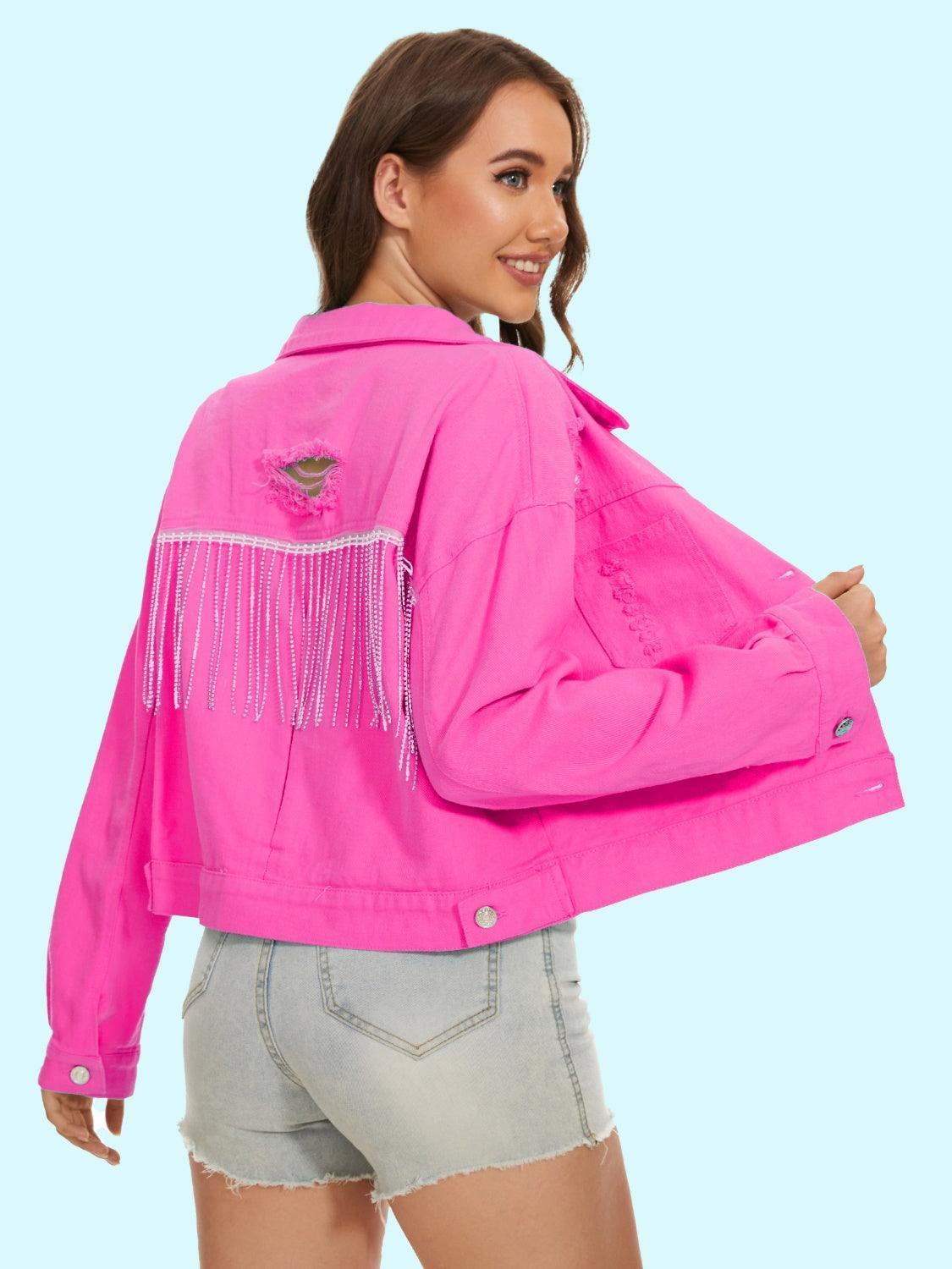 Distressed Distressed Button Up Denim Jacket - ClubOn