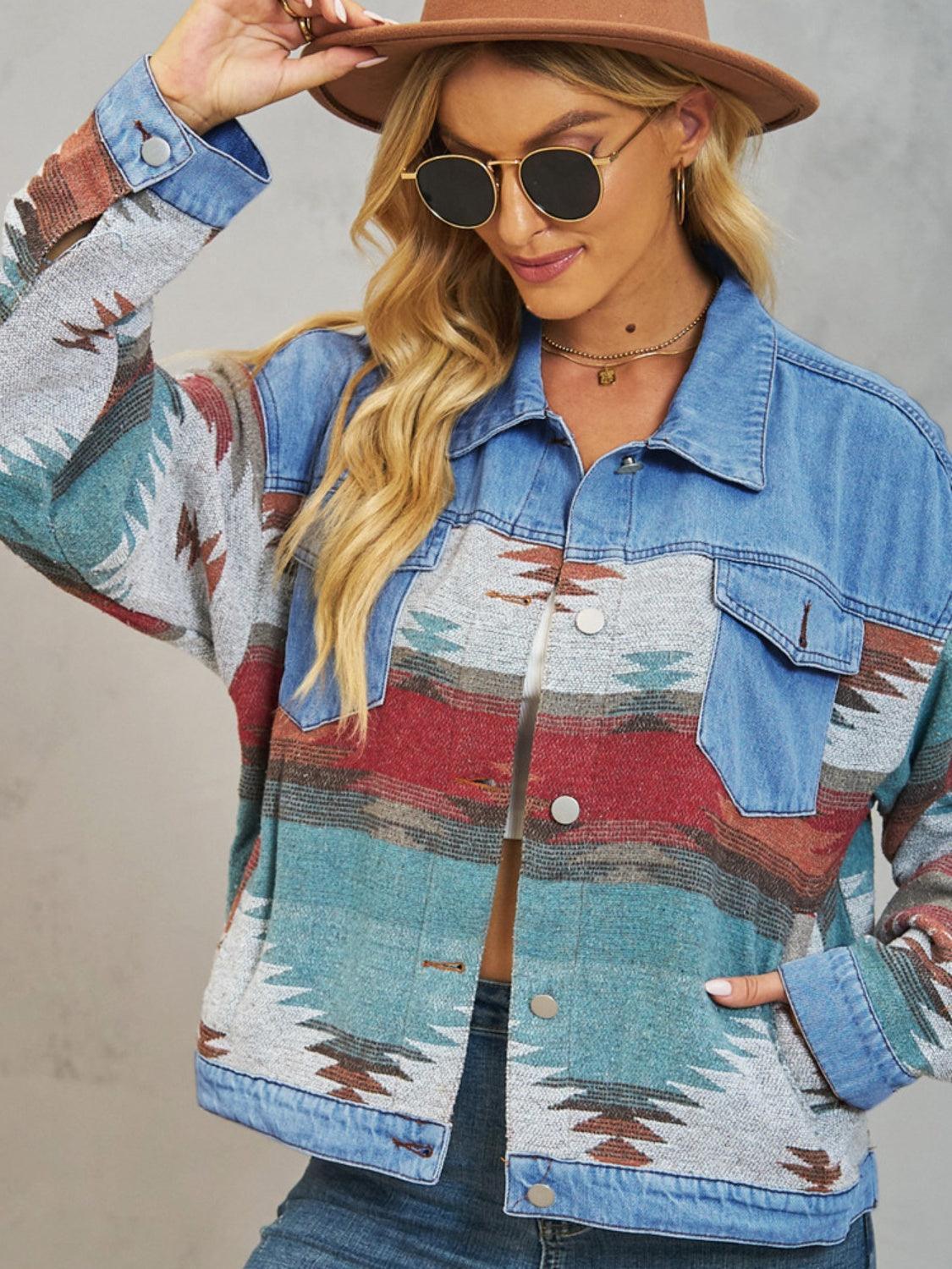 Geometric Button Up Dropped Shoulder Denim Jacket - ClubOn